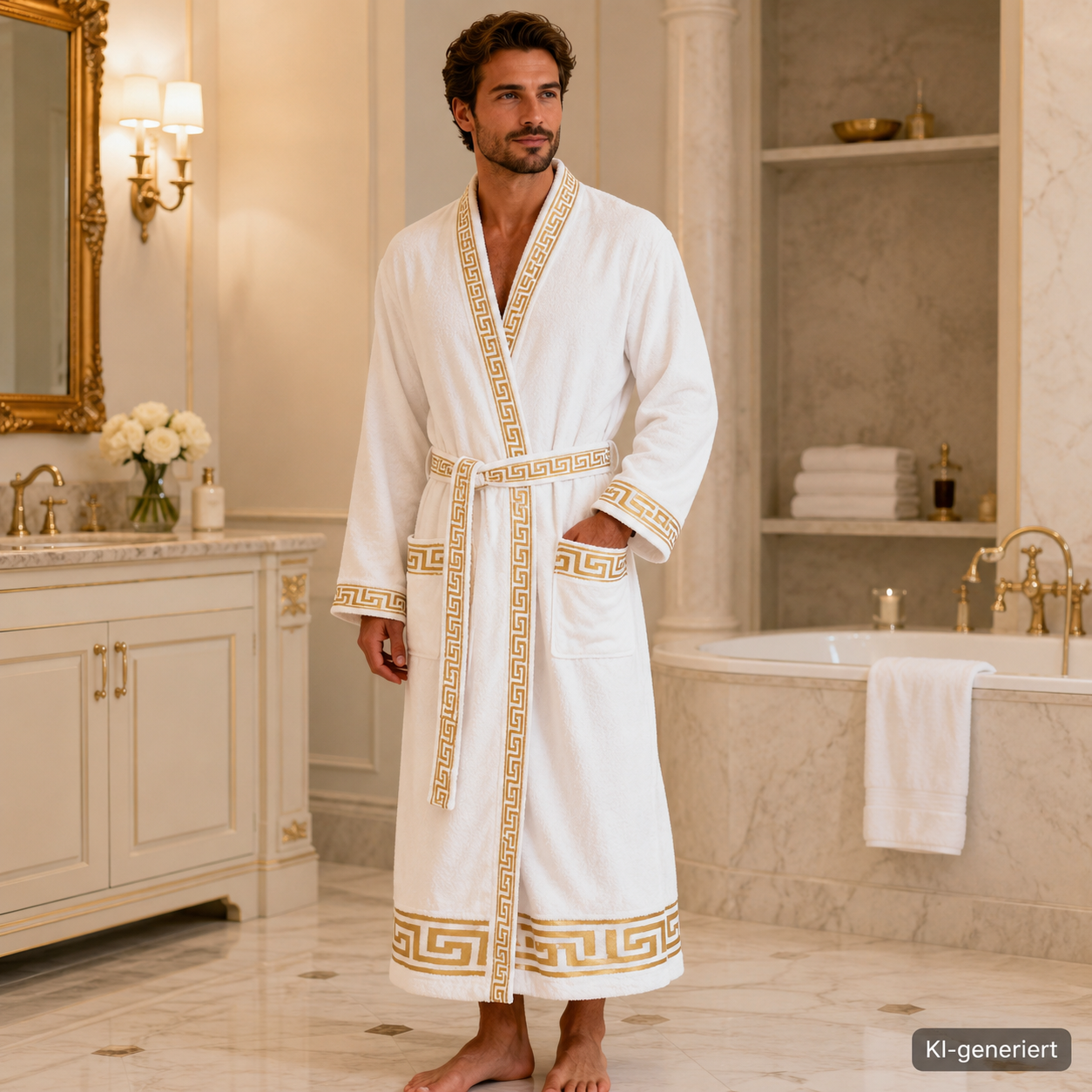 Luxus Bademantel Kimono Mäander in weiss gold für Damen & Herren - 100% Baumwolle