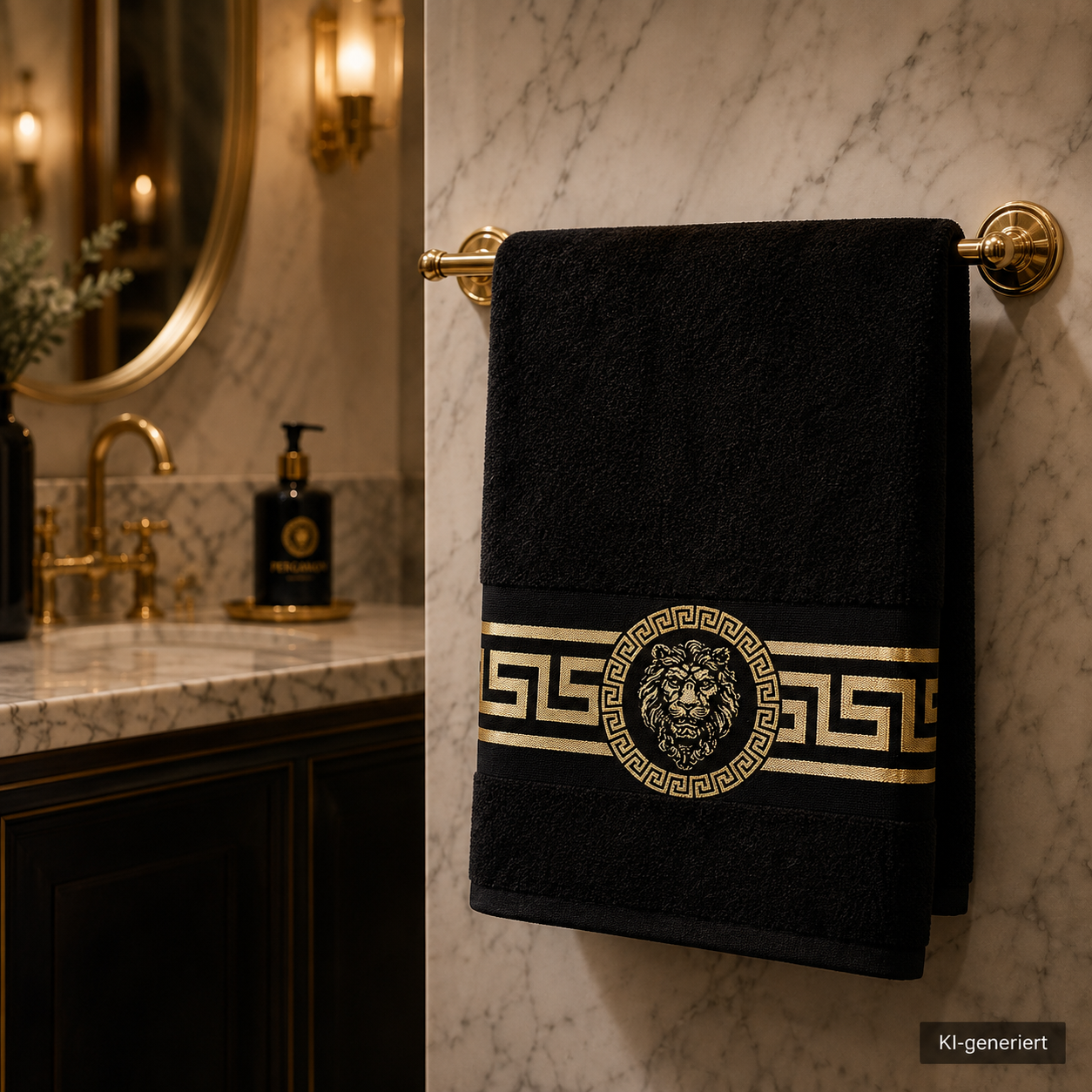 Handtücher mit Mäander Löwe Muster in Schwarz Gold eingestickt - 100% Baumwolle, saugstark, weich, edel