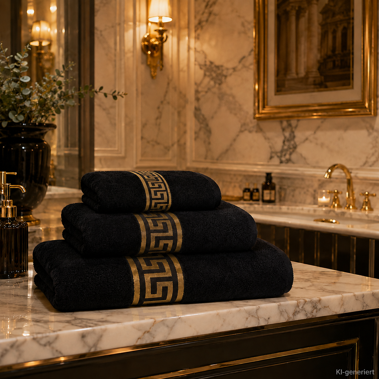 Premium Mäander Handtücher eingestickt in schwarz gold - 100% Baumwolle & ökotex zertifziert