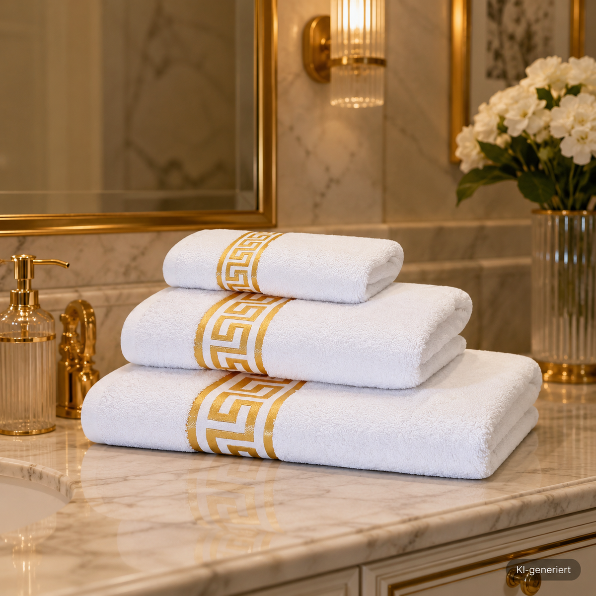 Luxus-Mäander-Handtücher-weiß-gold-100%Baumwolle-Ökotex-zertifiziert