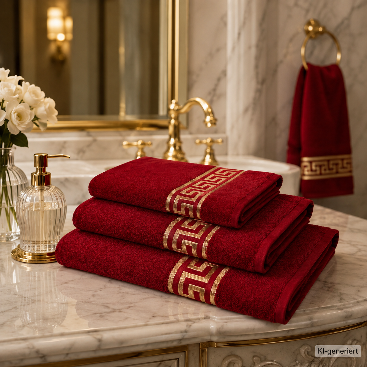 Luxury towels meander embroidered in red gold - 100% cotton terry cloth - okötex