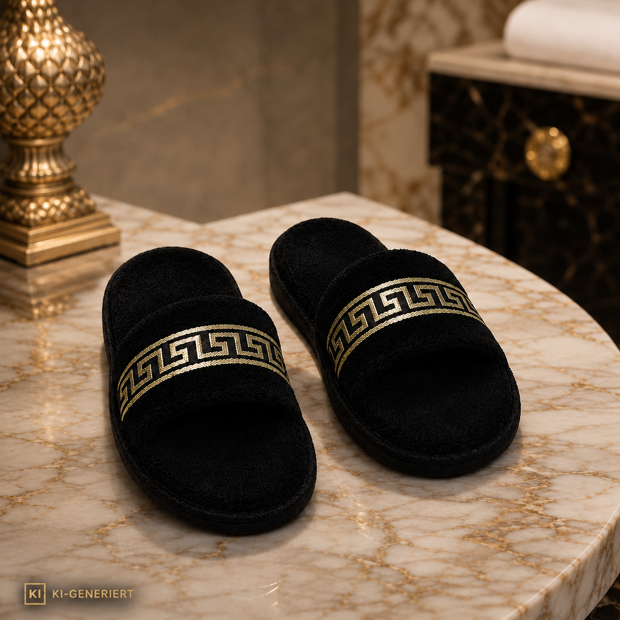 Exclusive hotel slippers black gold meander pattern - Unisex - 100% cotton
