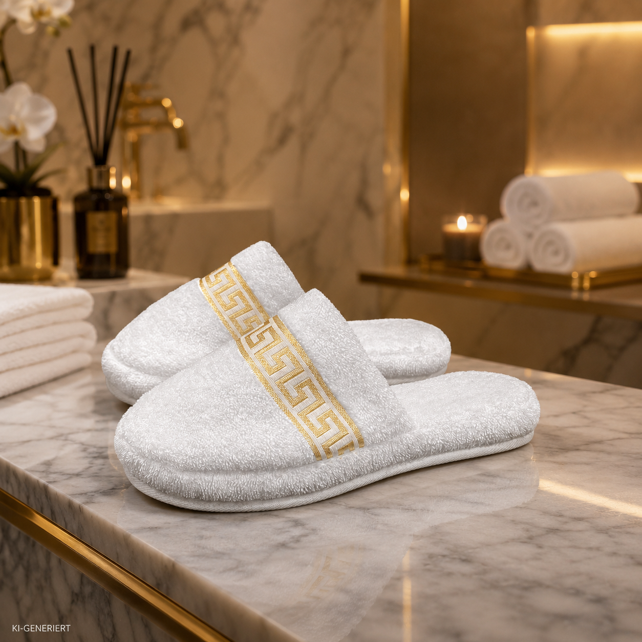 Hotelslipper mit Mäander Muster in weiss gold - 100% Baumwolle