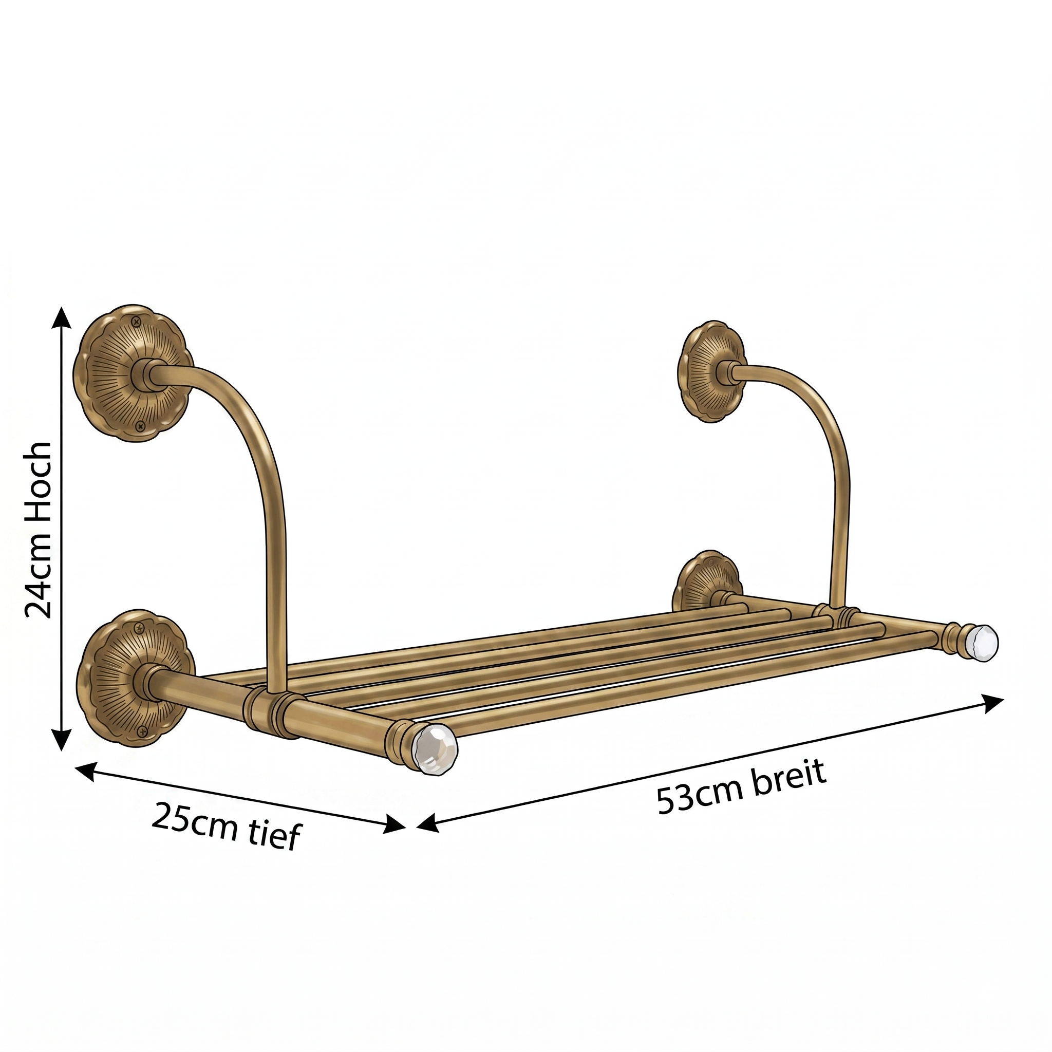 Handtuchablage Wandregal Messing Gold mit Kristallknöpfen - Luxus Badezimmer Handtuchhalter 53cm
