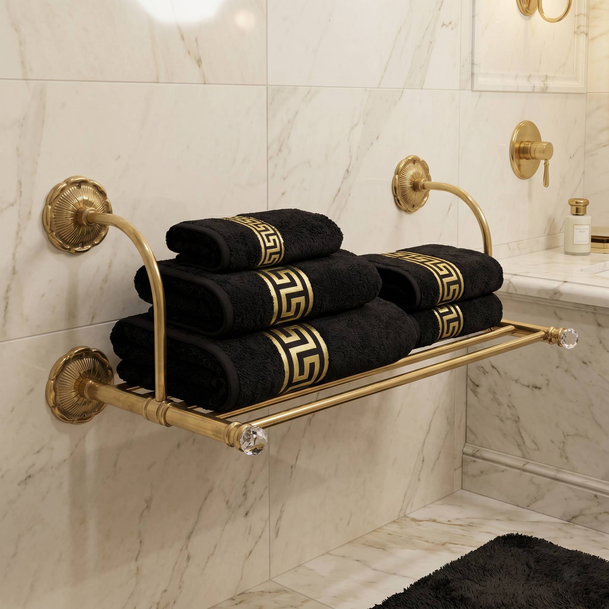 Handtuchablage Wandregal Messing Gold mit Kristallknöpfen - Luxus Badezimmer Handtuchhalter 53cm