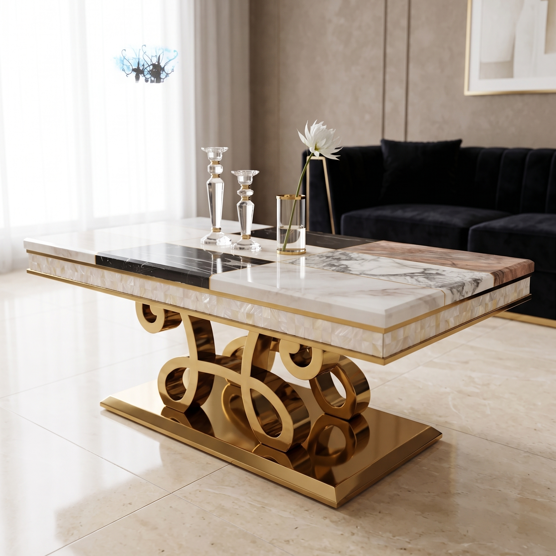 Designer-Couchtisch aus Echtem Marmor im Schachbrett-Look mit Vergoldetem Gestell