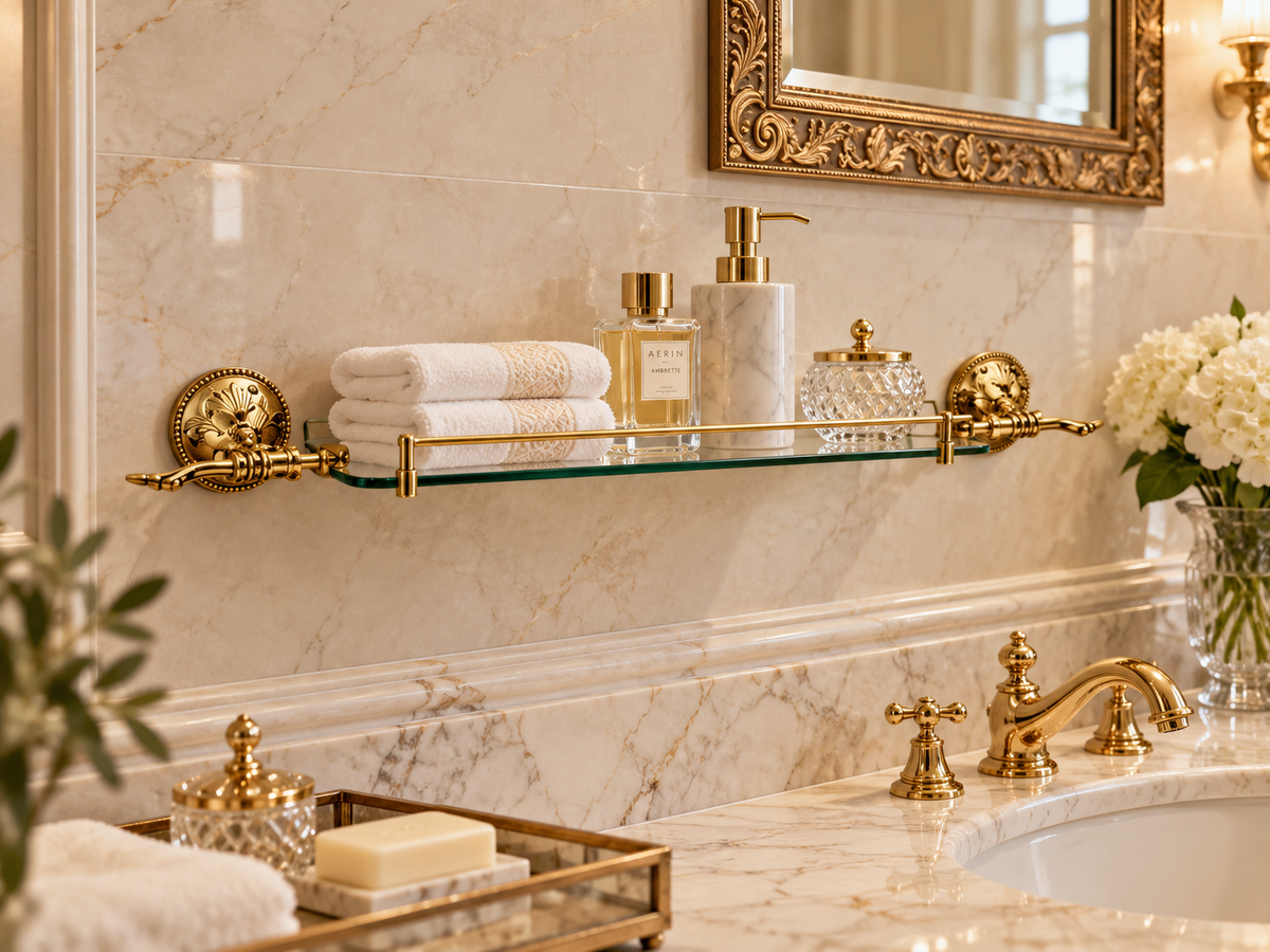 Exclusive glass shelf with brass bracket 1-way Esclusivo - wall mounting - easy to clean and rustproof