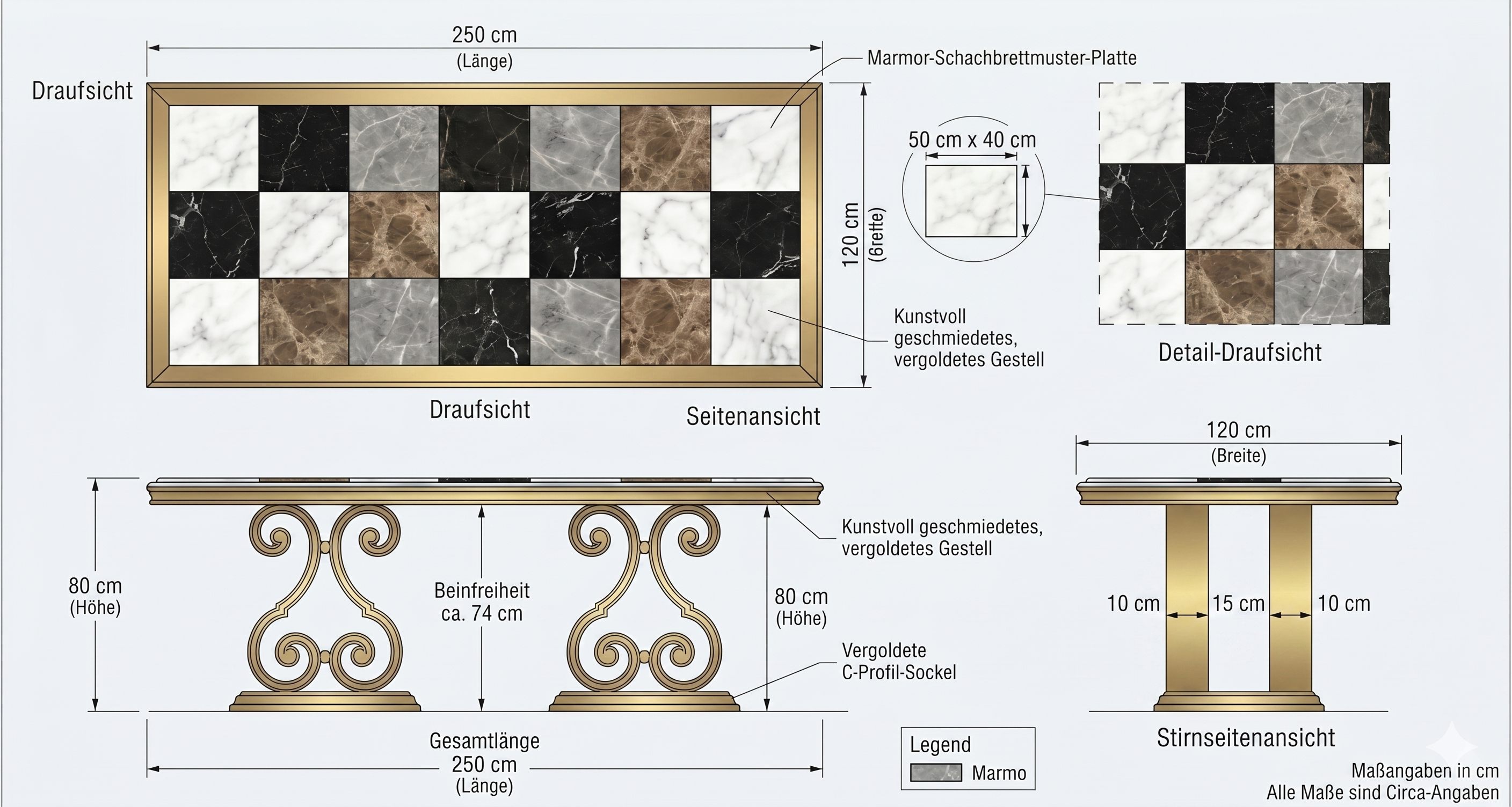 Designer-Esstisch aus Echtem Marmor im Schachbrett-Look mit Vergoldetem Gestell
