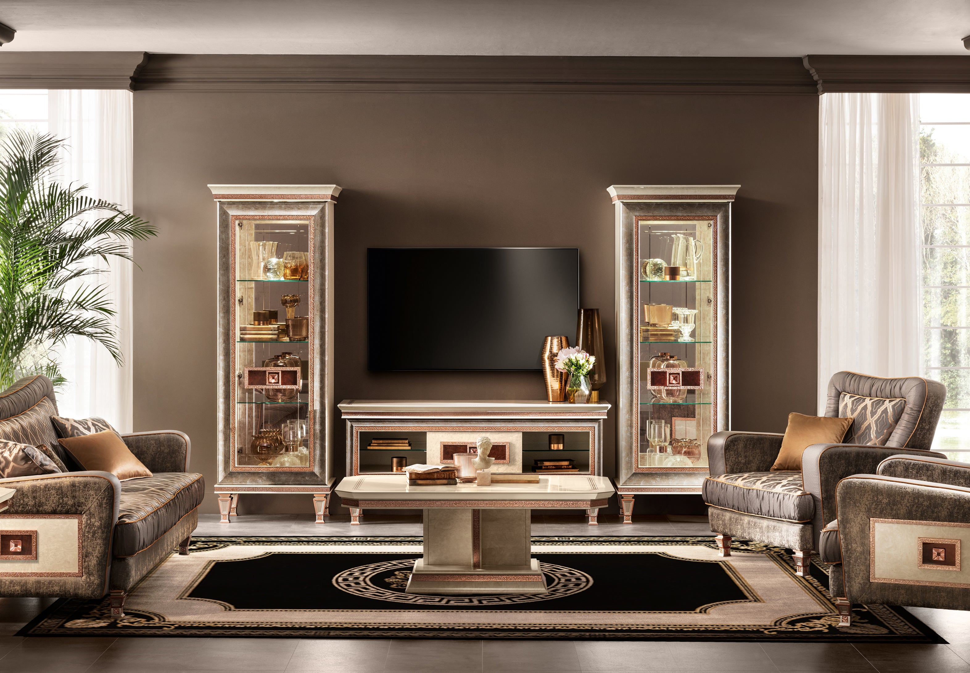 Premium Teppich Wohnzimmer Schlafzimmer mit Löwen Motiv in schwarz gold - kurzflor, weich, flauschig - 100% Viskose