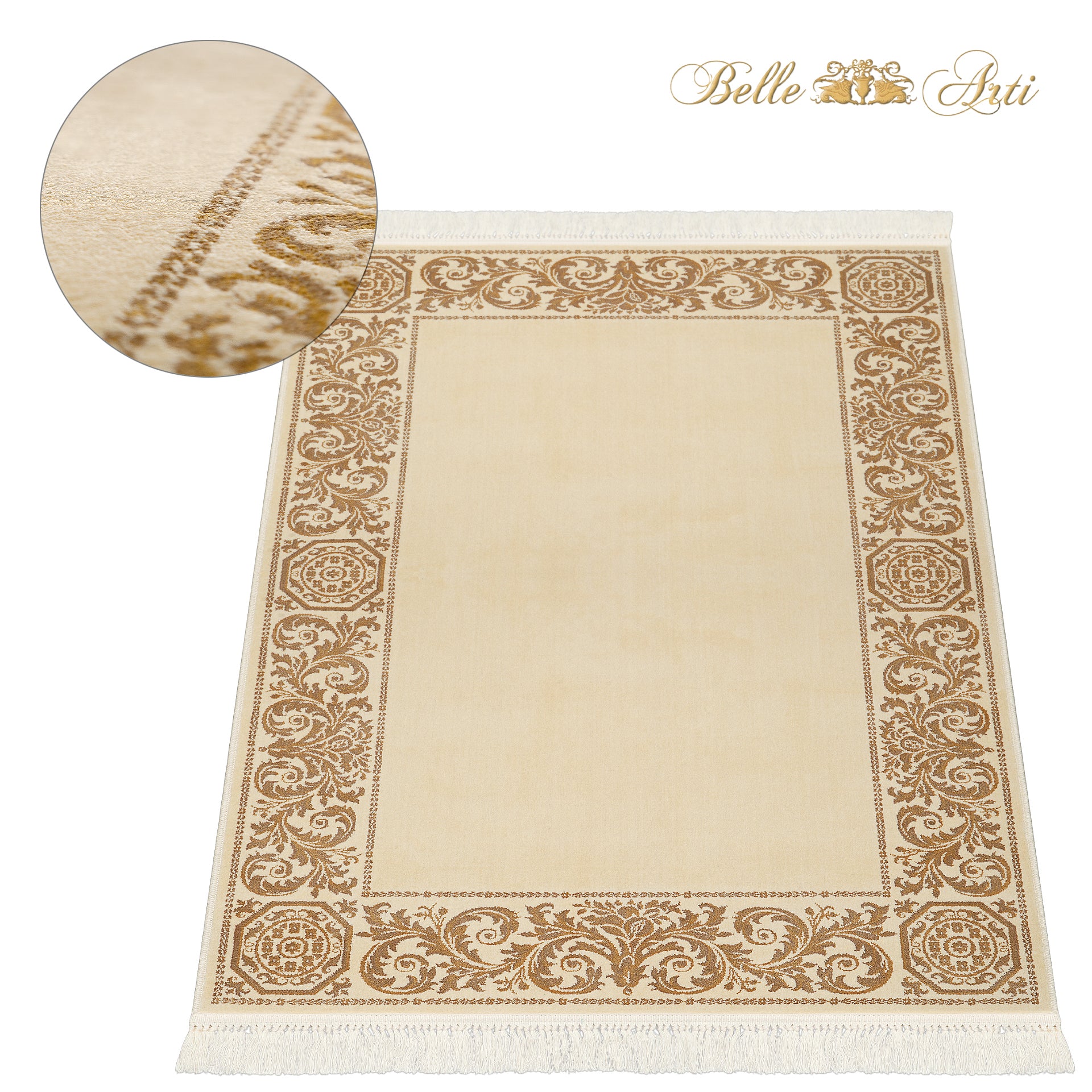 Luxus Teppich Barock Wohnzimmer kurzflor in beige gold - rechteckig, rund oder oval - 100% Viskose