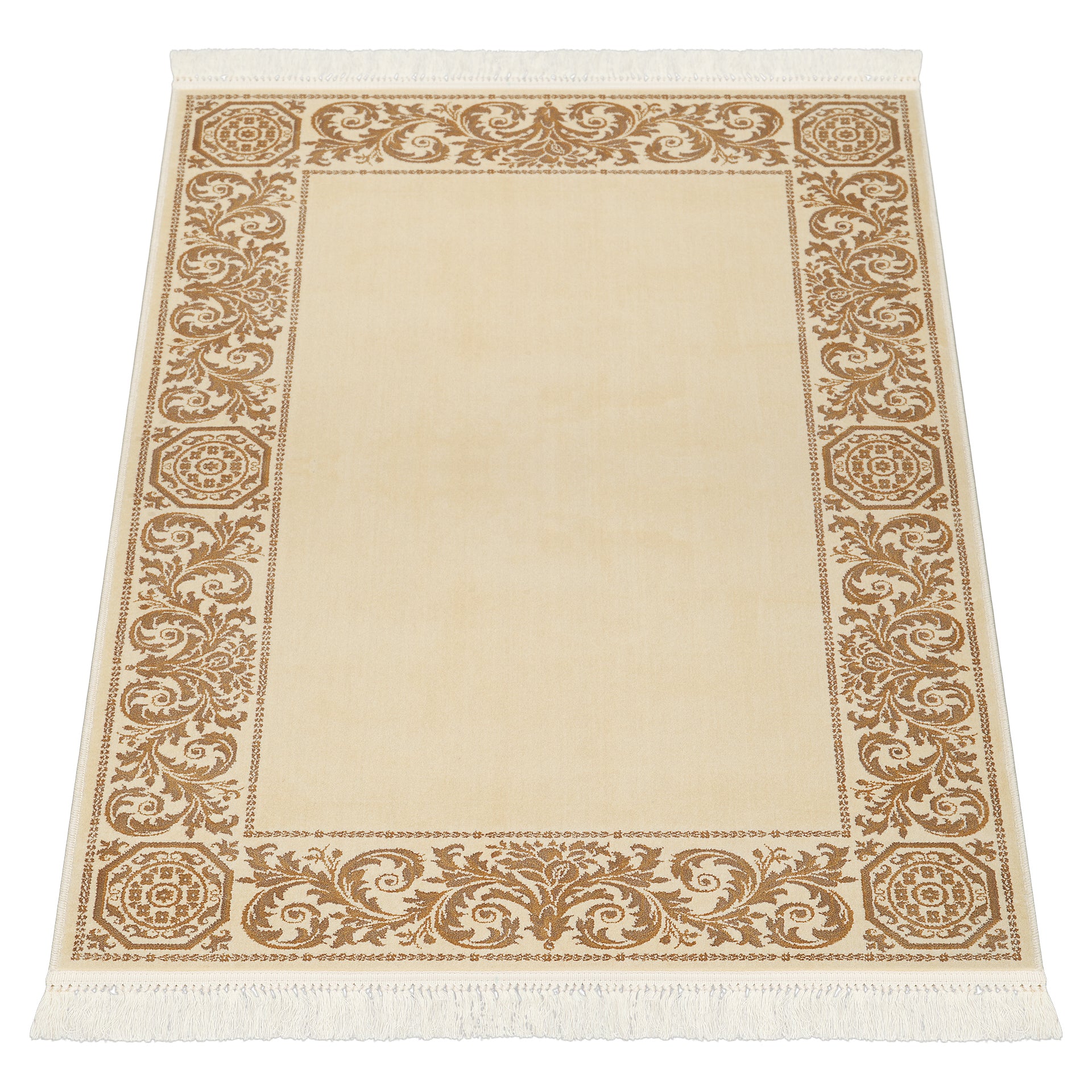 Luxus Teppich Barock Wohnzimmer kurzflor in beige gold - rechteckig, rund oder oval - 100% Viskose