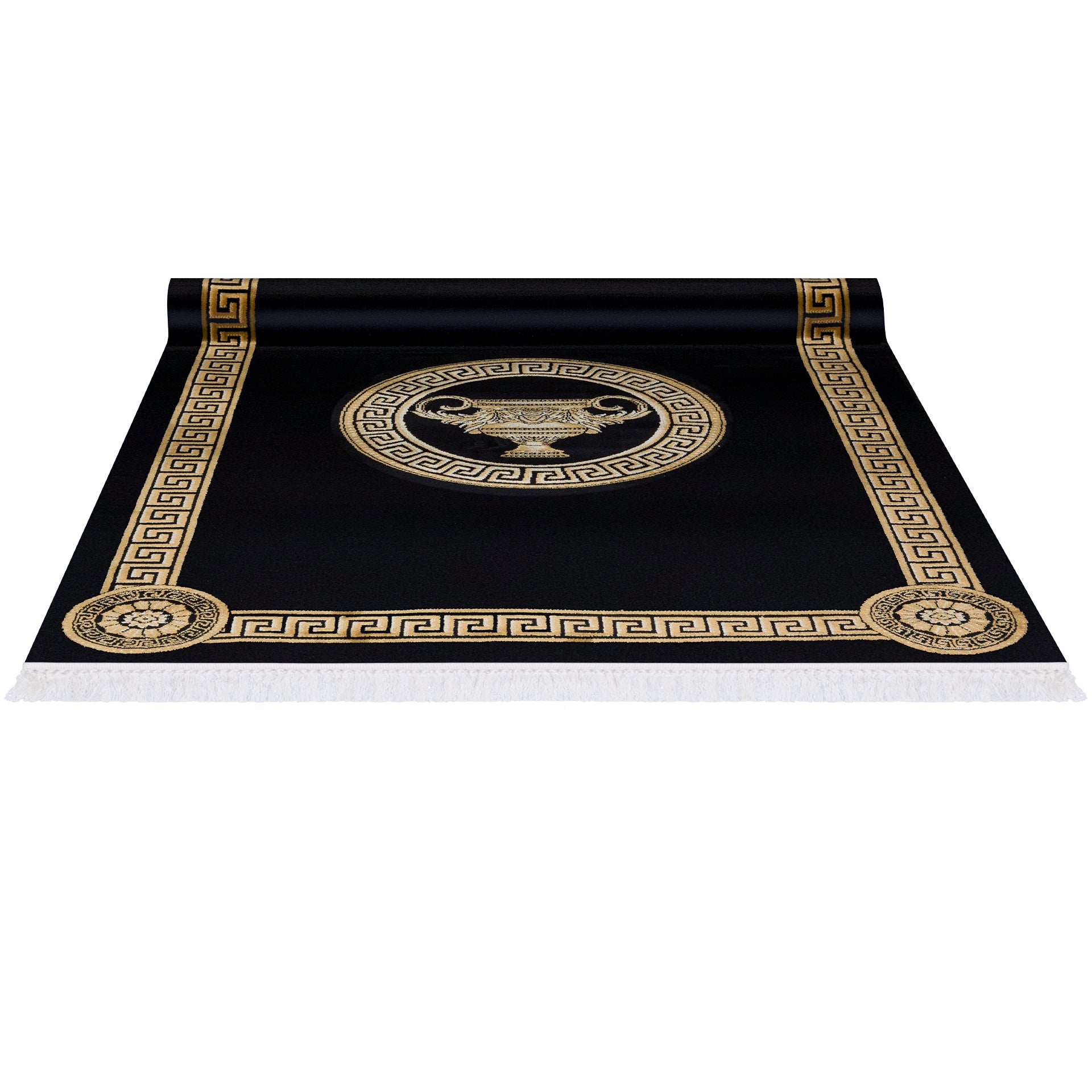 Luxus Teppich Wohnzimmer mit Amphore Motiv in schwarz gold - 100% Viskose - Kurzflor & Seidenglanz
