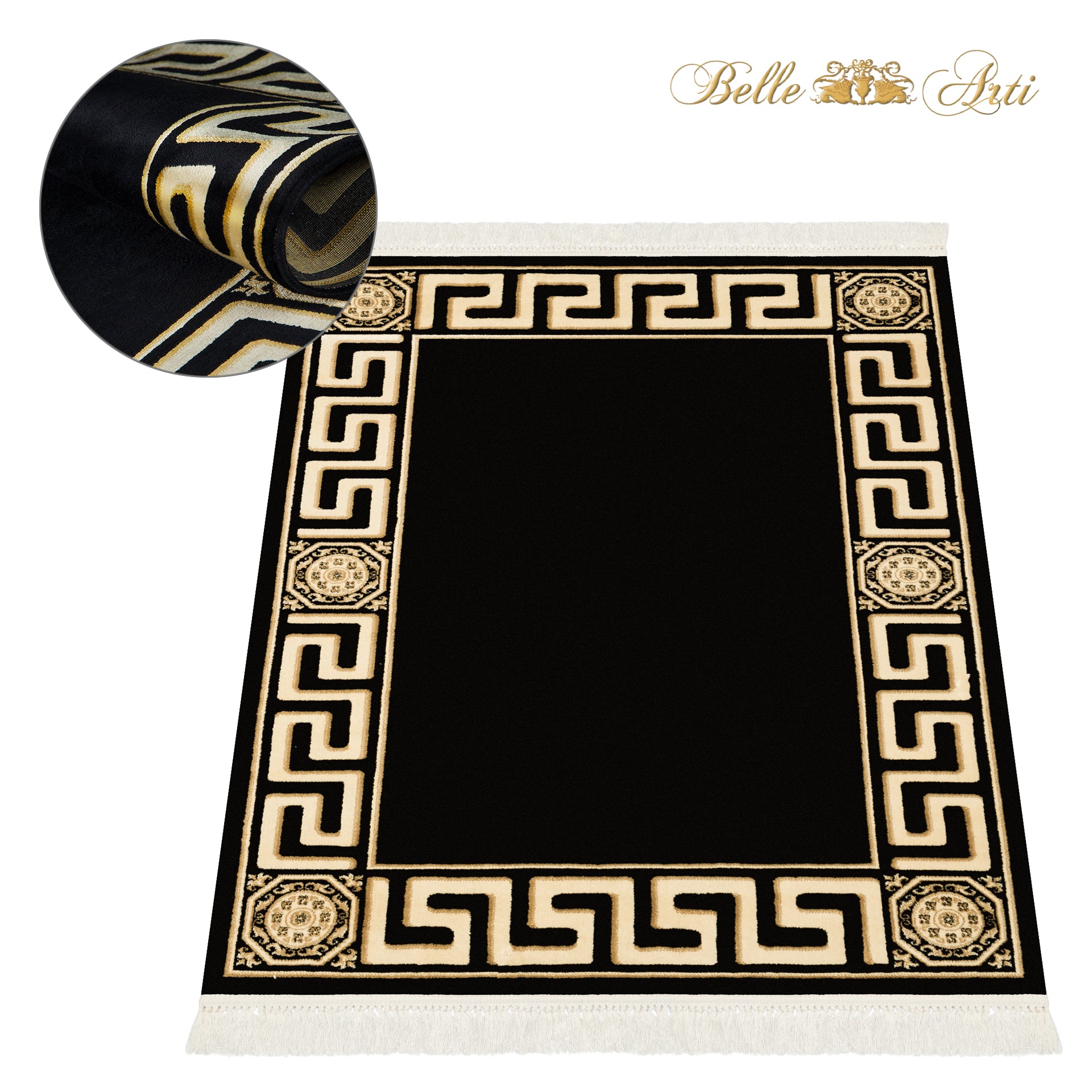 Premium Designer Teppich schwarz gold mit Mäander Motiv - 100% Viskose & Seidenglanz