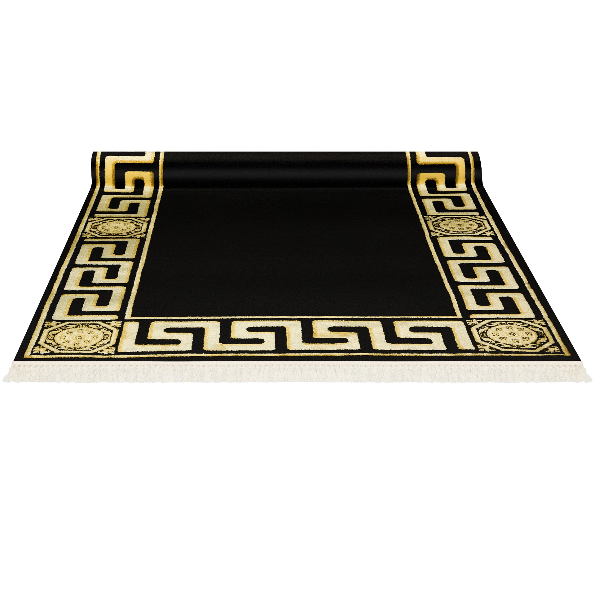 Premium Designer Teppich schwarz gold mit Mäander Motiv - 100% Viskose & Seidenglanz