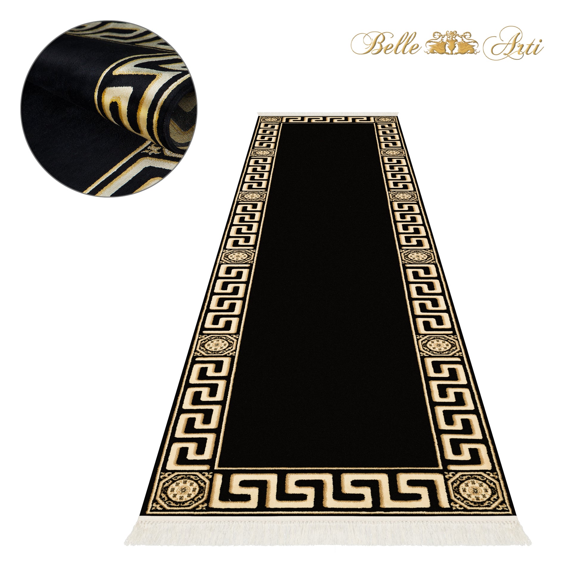 Premium Designer Teppichläufer schwarz gold mit Mäander Motiv - 100% Viskose & Seidenglanz