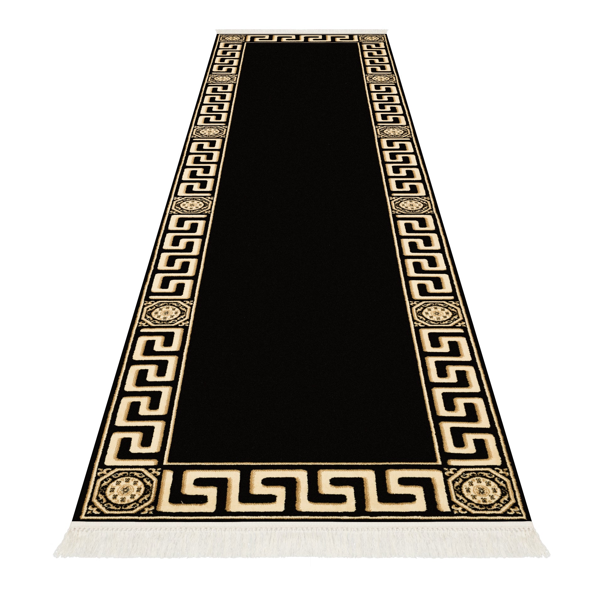 Premium Designer Teppichläufer schwarz gold mit Mäander Motiv - 100% Viskose & Seidenglanz