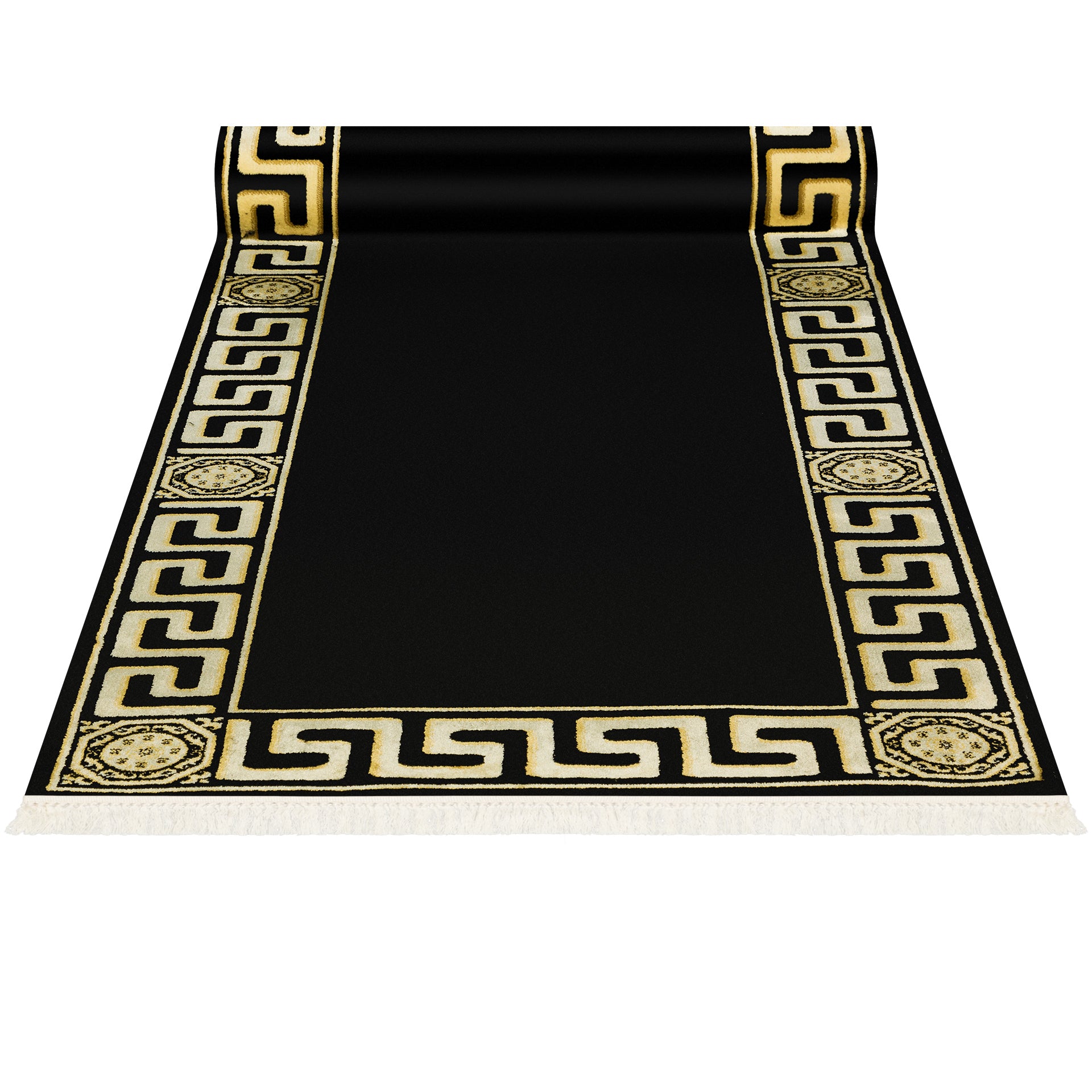 Premium Designer Teppichläufer schwarz gold mit Mäander Motiv - 100% Viskose & Seidenglanz