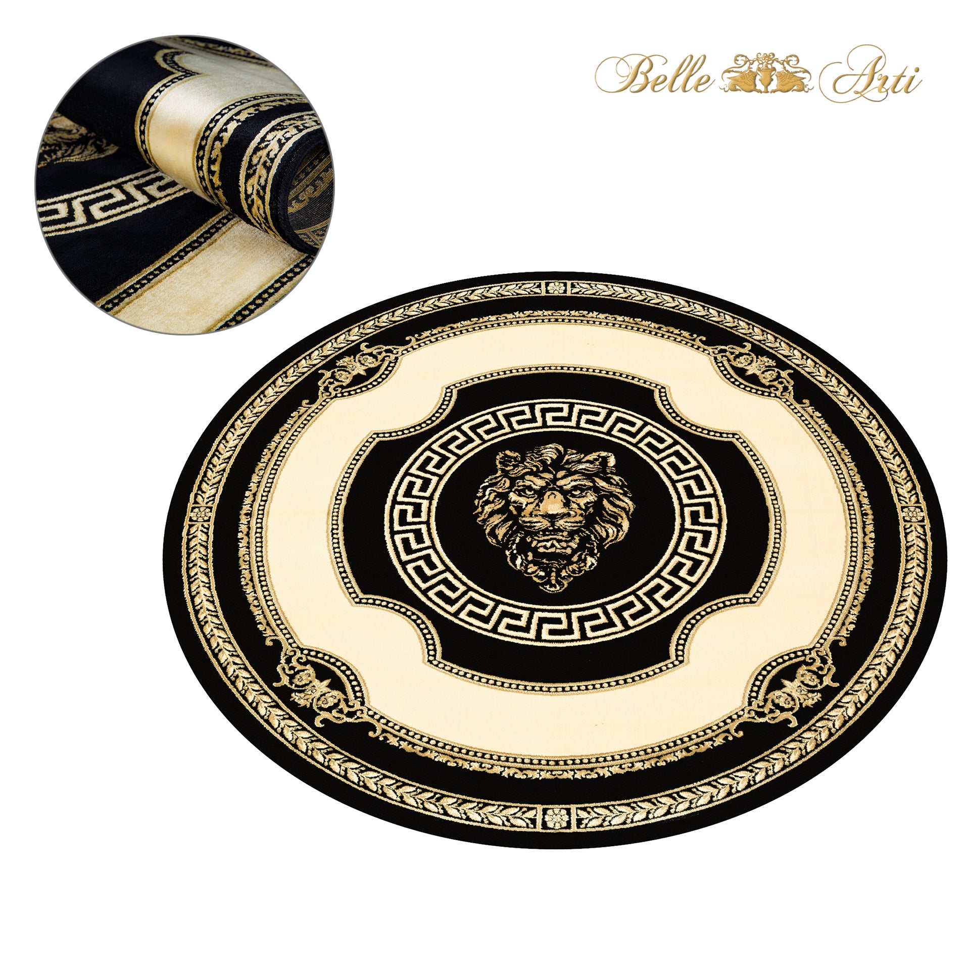 Runder Designer Teppich mit Löwe Mäander Muster in Schwarz Creme Gold