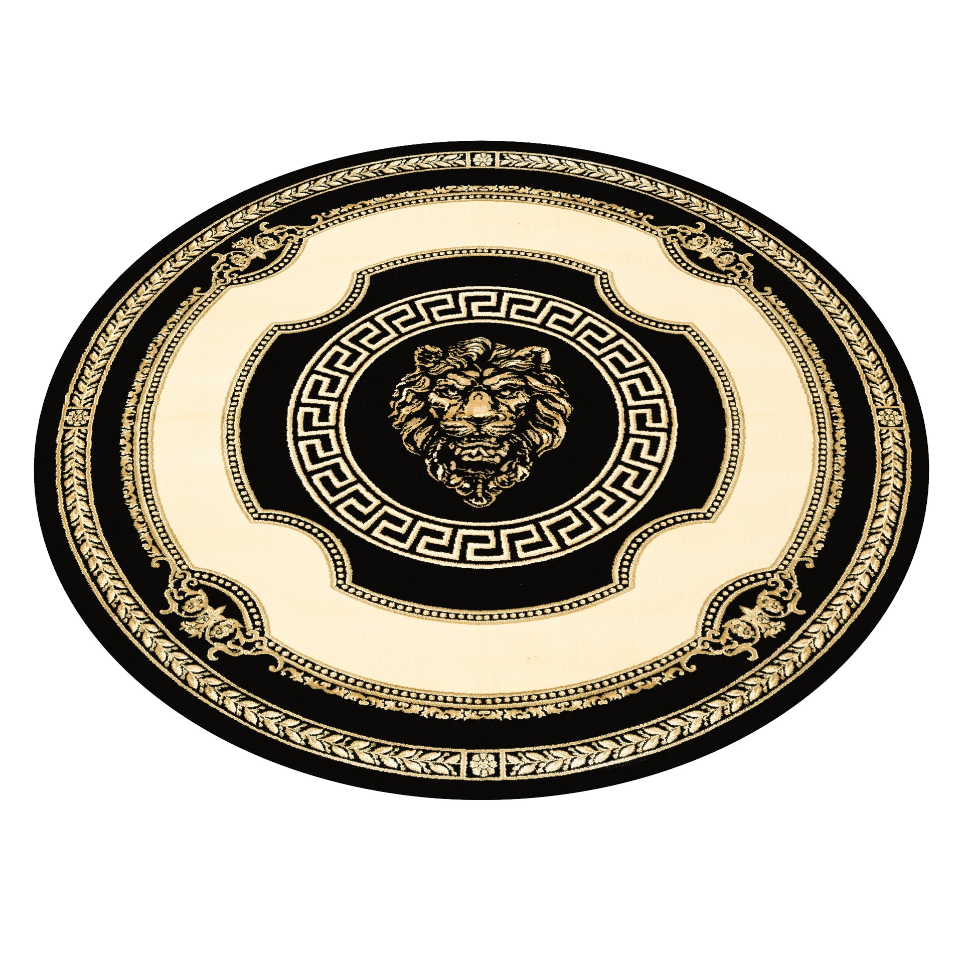 Runder Designer Teppich mit Löwe Mäander Muster in Schwarz Creme Gold