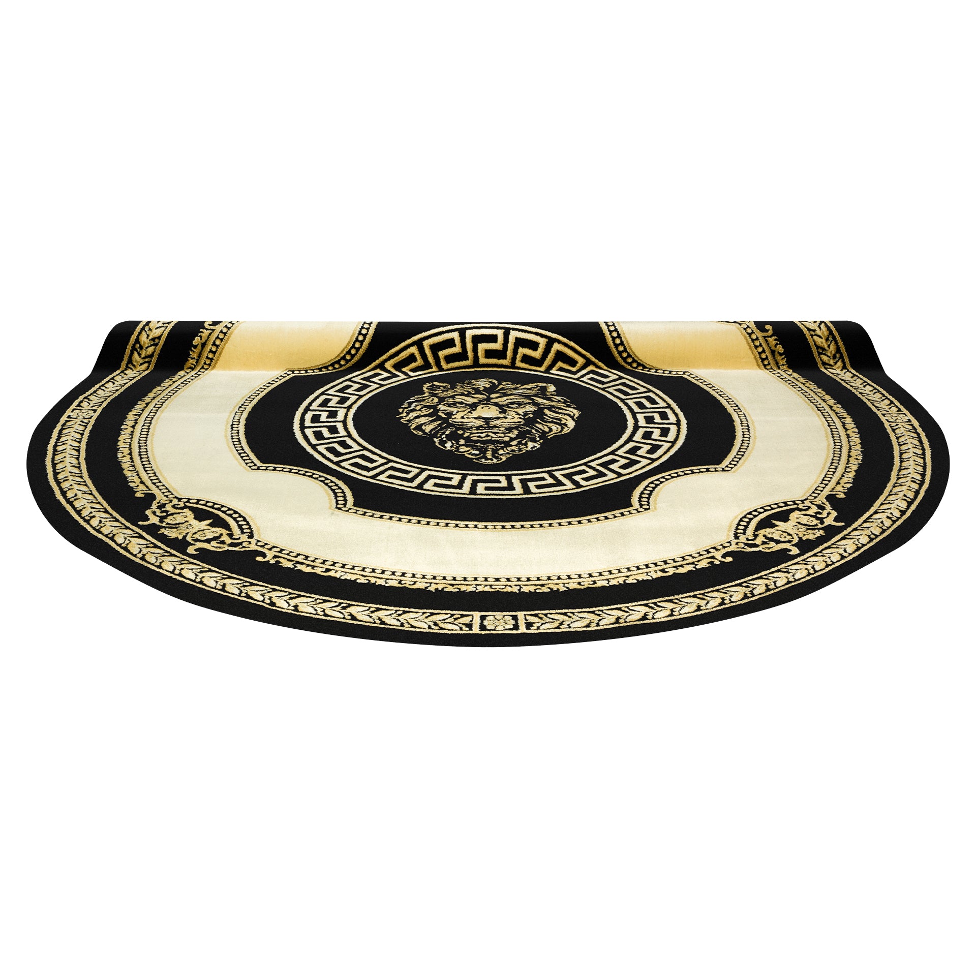 Runder Designer Teppich mit Löwe Mäander Muster in Schwarz Creme Gold