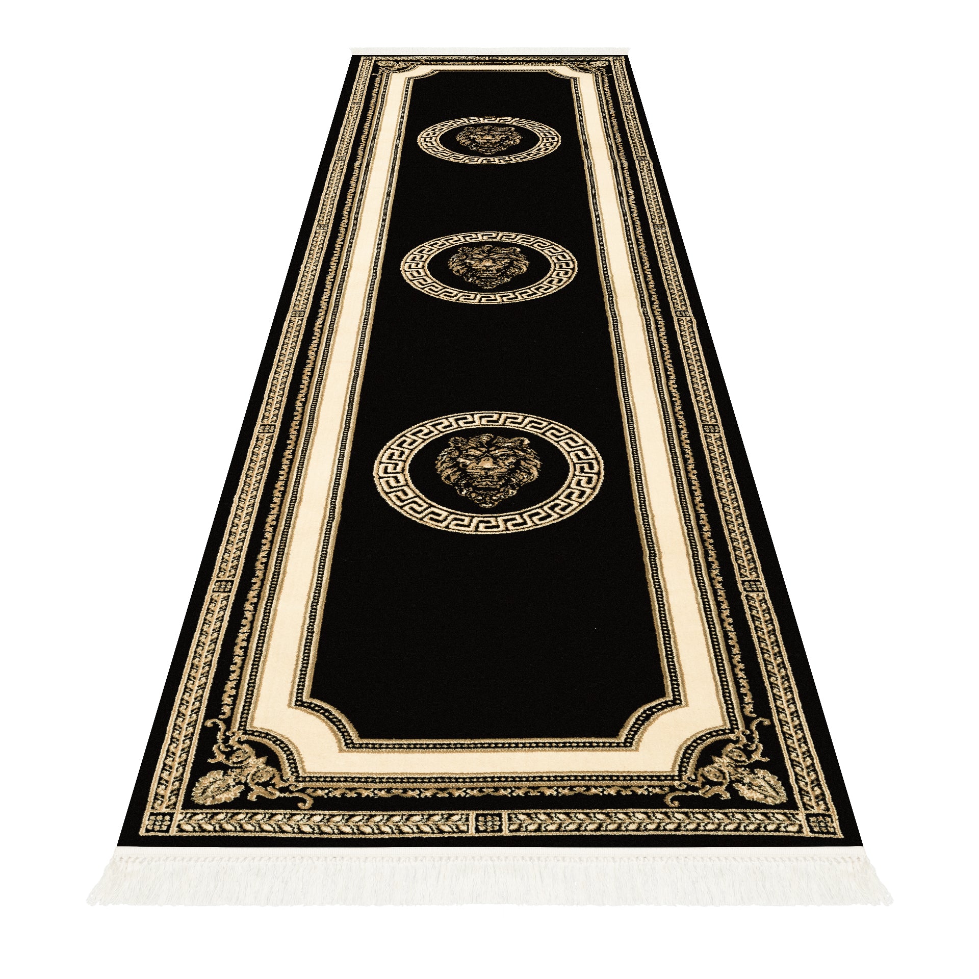 Designer Flur Teppich Läufer mit Löwe Mäander Muster in Schwarz Gold - handgeknüpfte Fransen, weich, flauschig, rutschfest, 100% Viskose