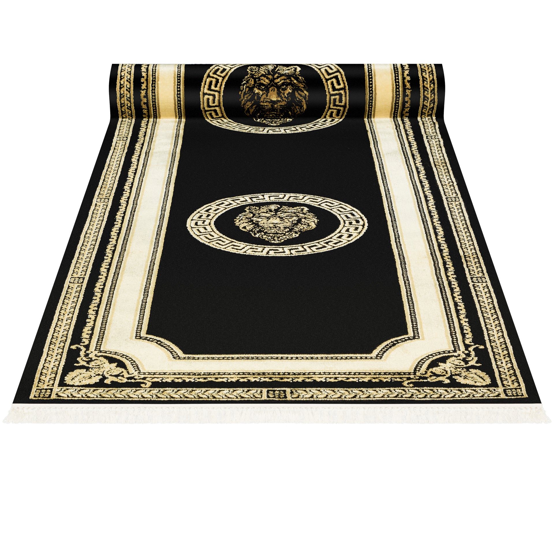 Designer Flur Teppich Läufer mit Löwe Mäander Muster in Schwarz Gold - handgeknüpfte Fransen, weich, flauschig, rutschfest, 100% Viskose