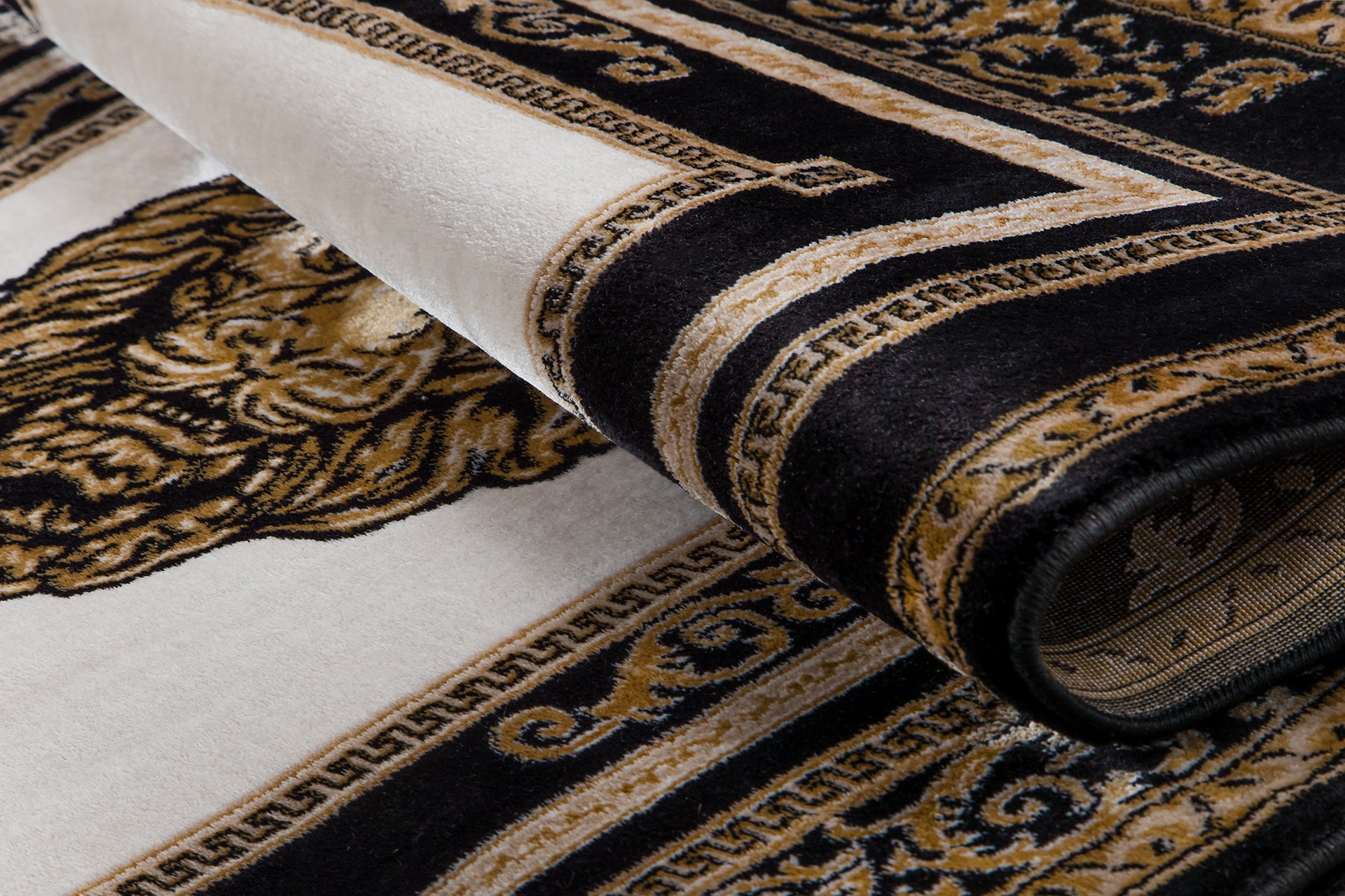 Teppich Wohnzimmer schwarz gold Löwenkopf - Italienisches Design - antiallergisch und schadstofffrei