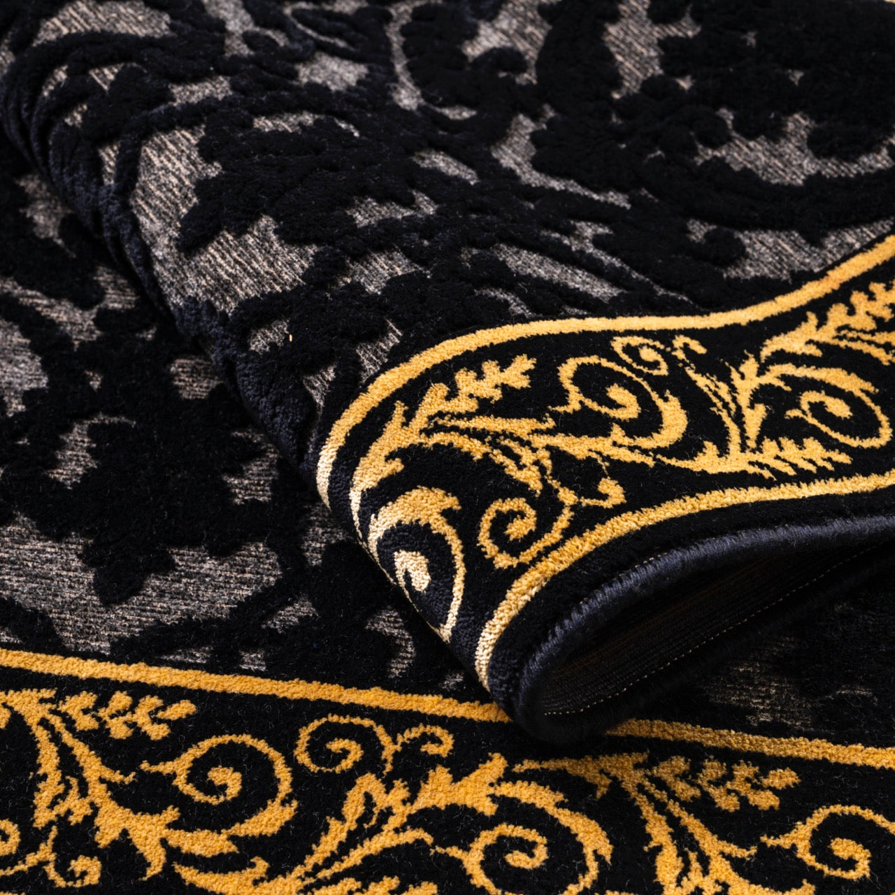 Exklusiver 3D Teppich Wohnzimmer Farashe in Schwarz Gold aus 100% Viskose - Kurzflor, Seidenglanz, Anti-Rutsch, Anti-Allergisch