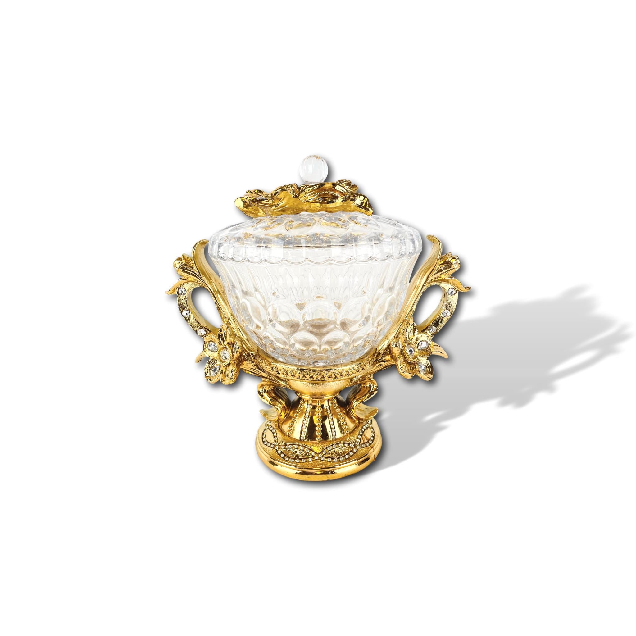Dekoschale aus Glas mit Deckel und vergoldeten Verziehrungen aus Kunstharz
