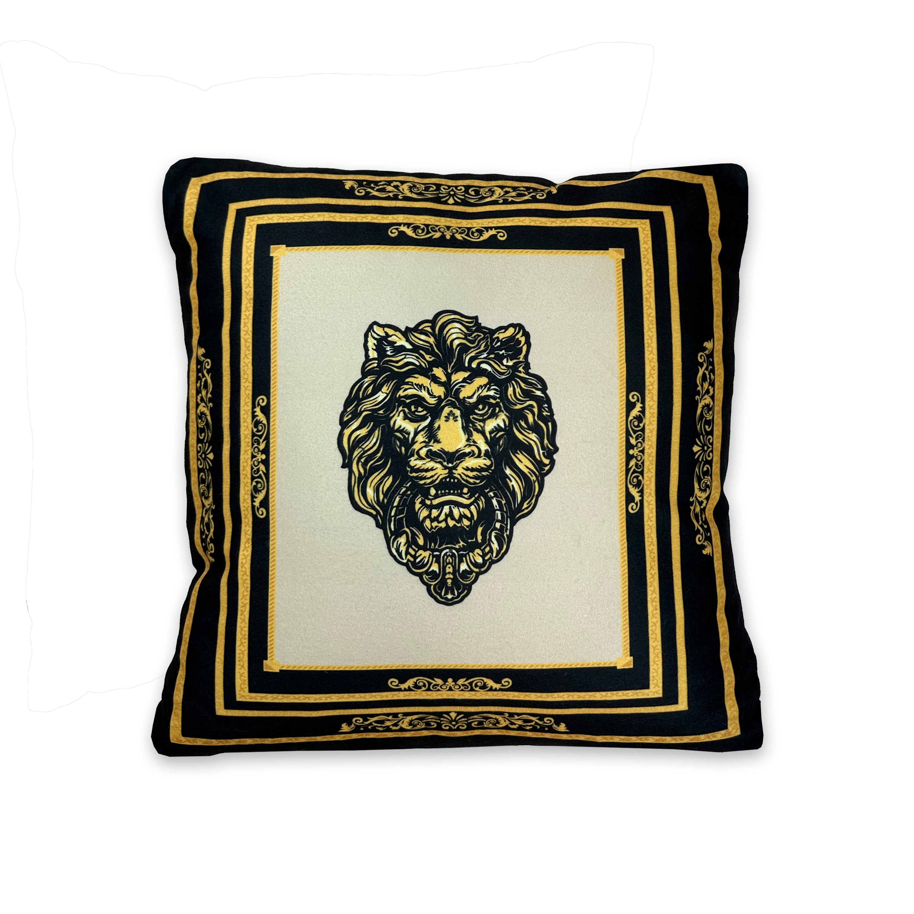 Dekokisssen mit Löwenkopf in Seiden Optik - schwarz gold mit Füllung und Bezug