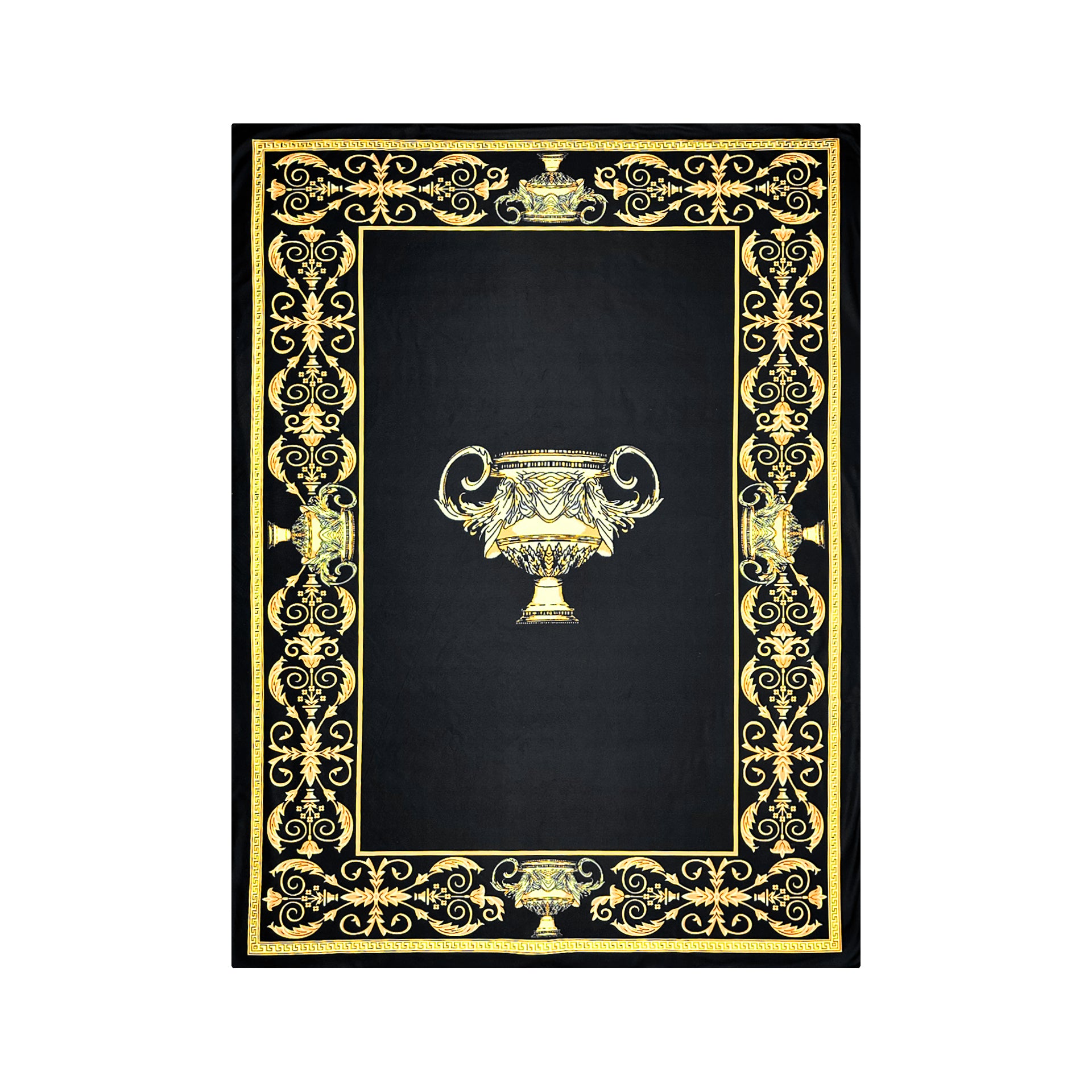 Exklusive Sherpa Decke mit Amphore Motiv in schwarz gold - 150 x 200 - warm & kuschelweich