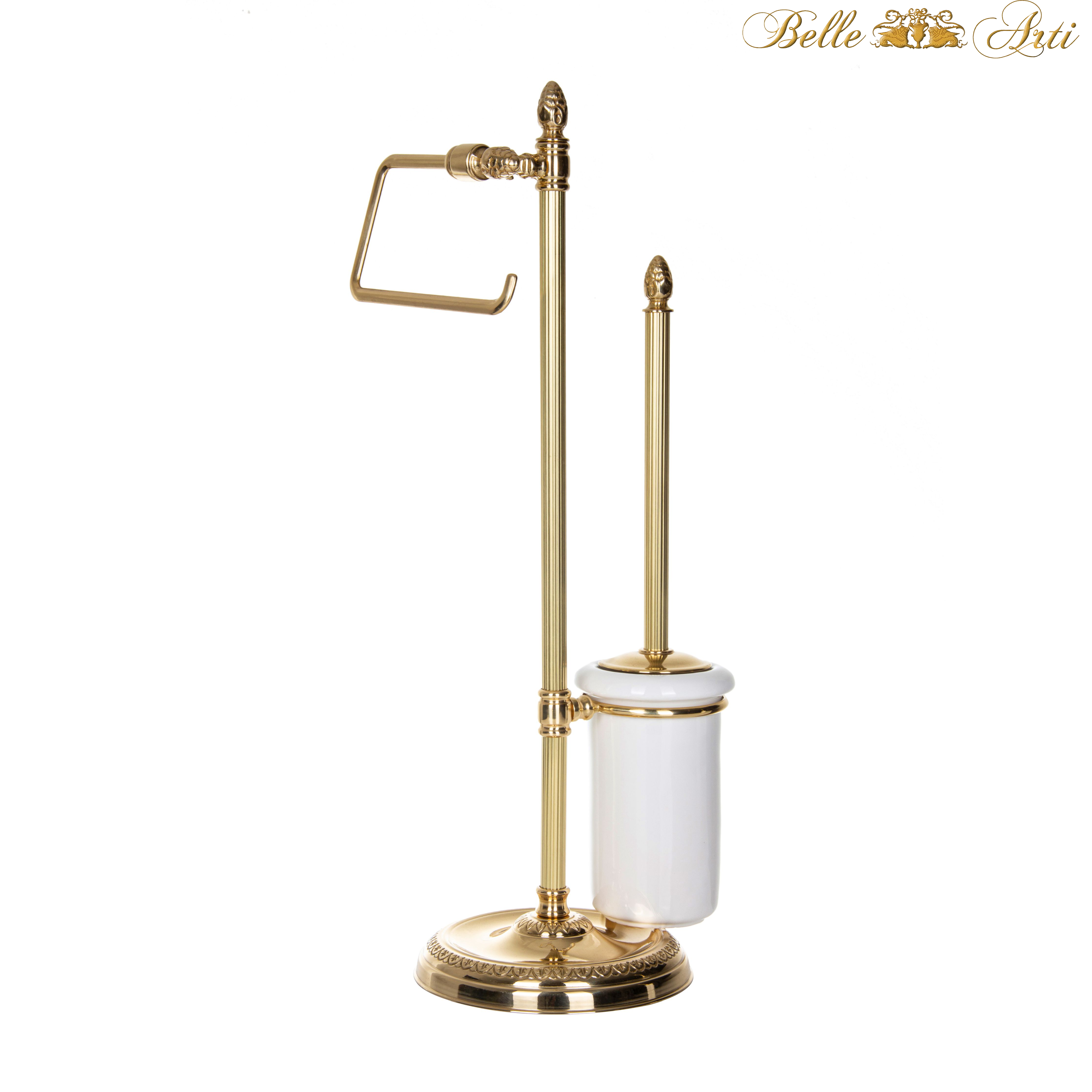 Luxus Toilettenbürste mit Toilettenpapierhalter Antik aus Messing und Keramik - stehend - gold poliert & rostfrei