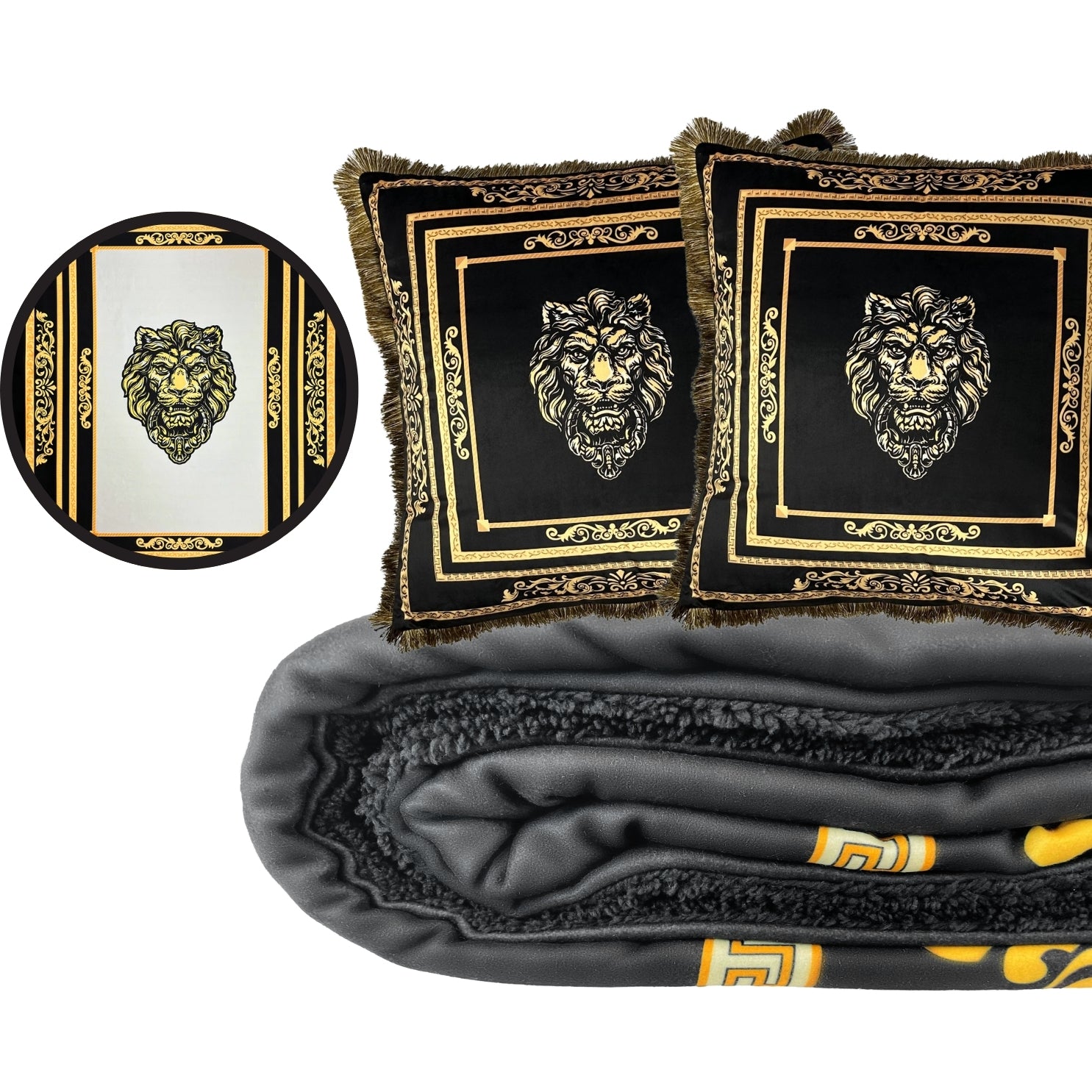 Set of 3 decorative pillows with Sherpa blanket lion motif in silk look - black gold with filling