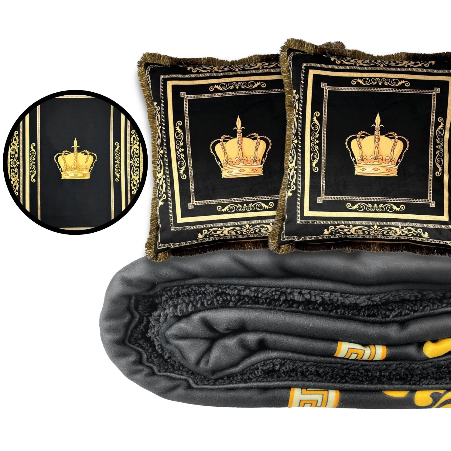 3er SET Dekokisssen mit Sherpa Decke Krone Motiv in Seidenoptik - schwarz gold mit Füllung