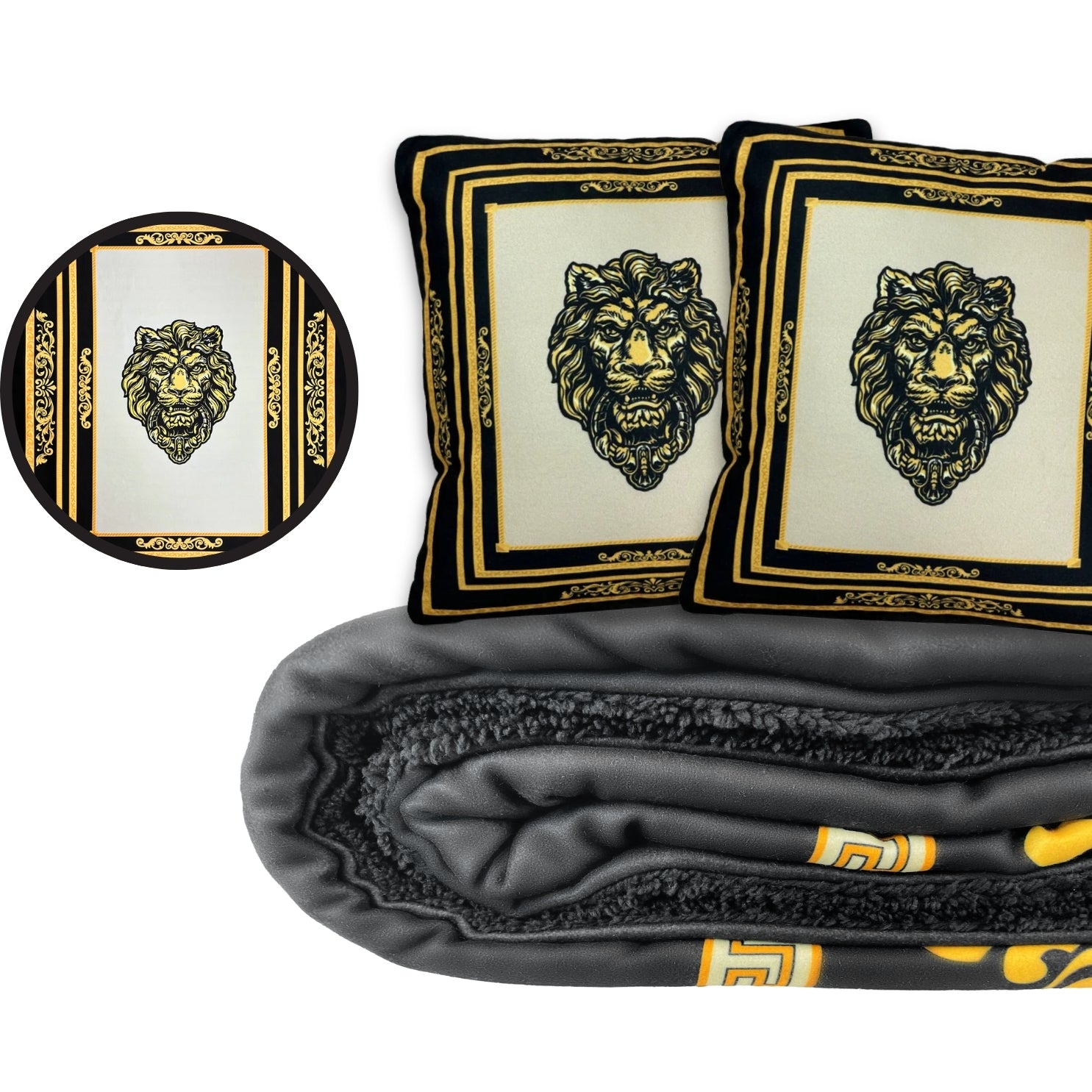 3er SET Dekokisssen mit Sherpa Decke Löwen Motiv in Seidenoptik - schwarz gold mit Füllung