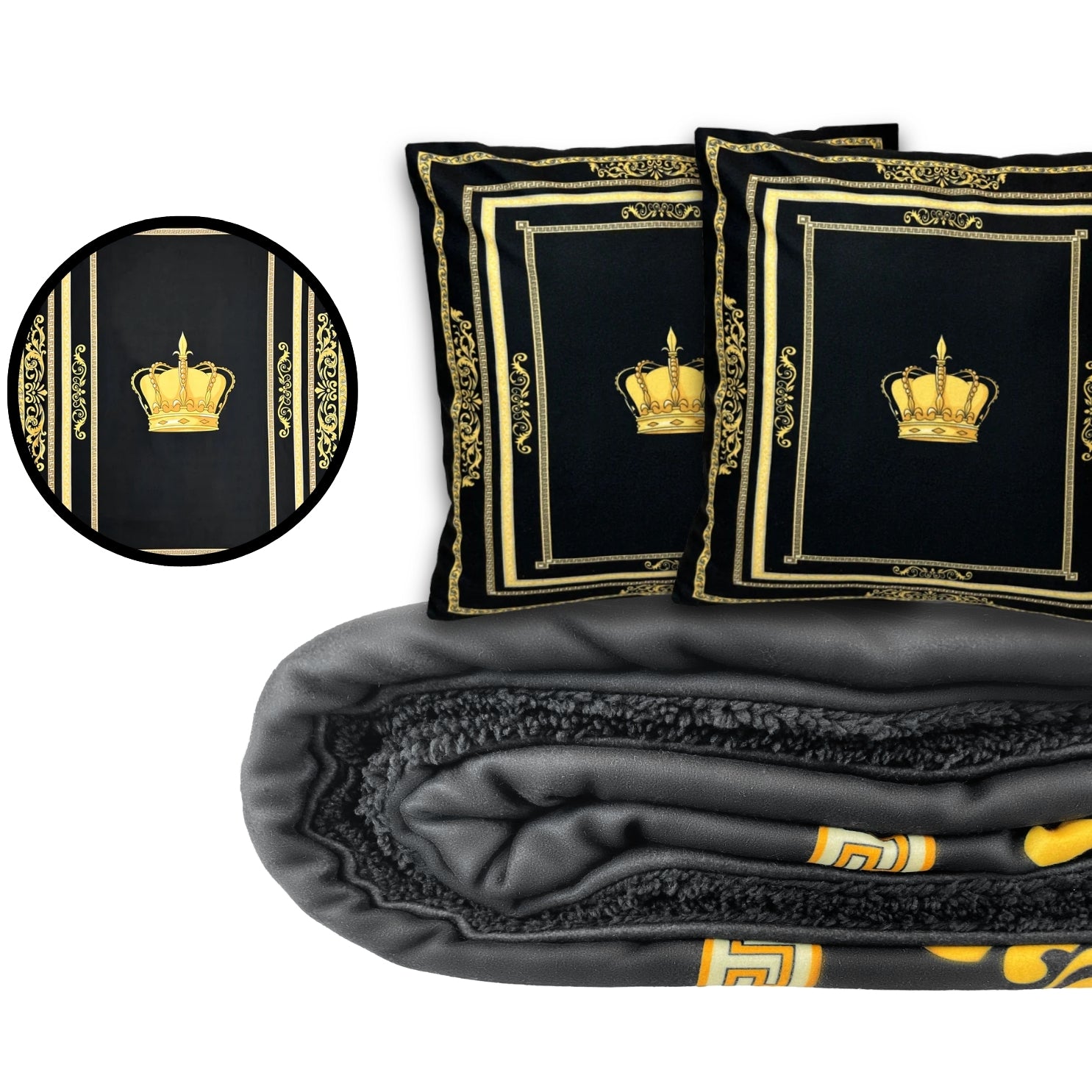3er SET Dekokisssen mit Sherpa Decke Krone Motiv in Seidenoptik - schwarz gold mit Füllung