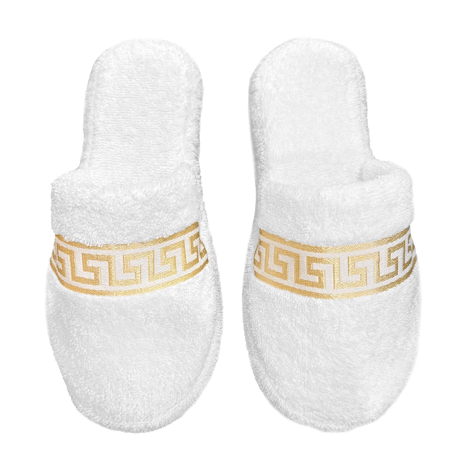 Hotelslipper mit Mäander Muster in weiss gold - 100% Baumwolle