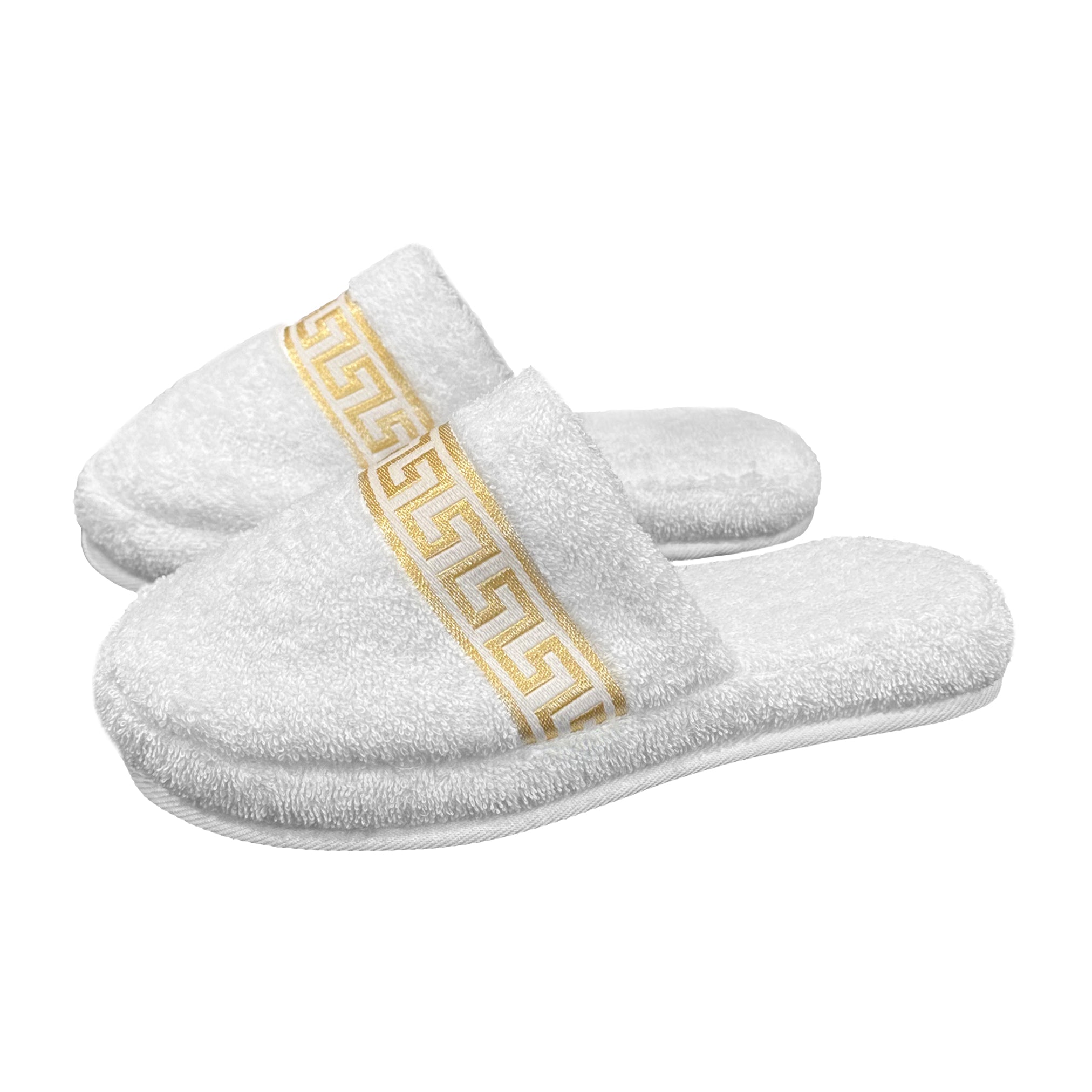 Hotelslipper mit Mäander Muster in weiss gold - 100% Baumwolle