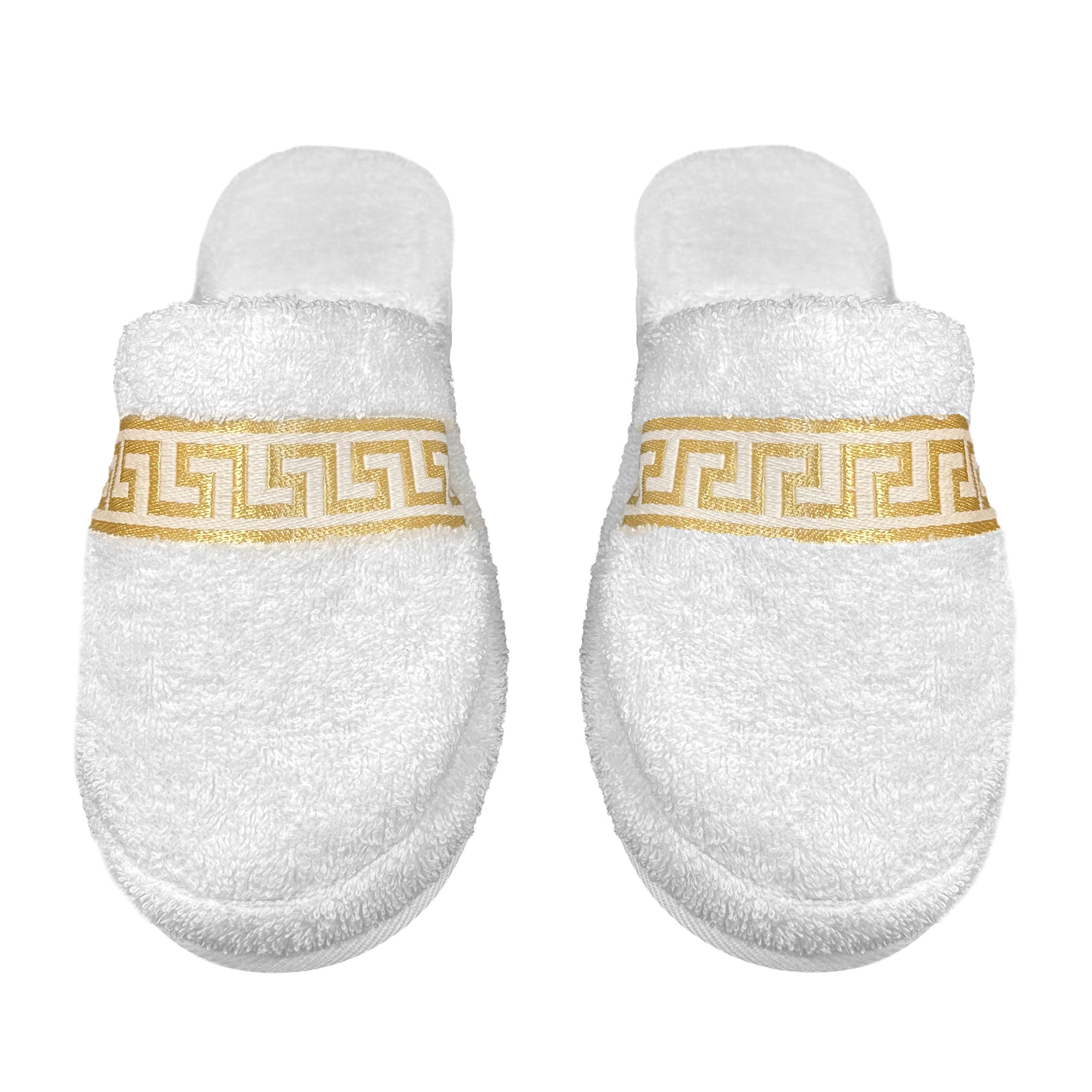 Hotelslipper mit Mäander Muster in weiss gold - 100% Baumwolle