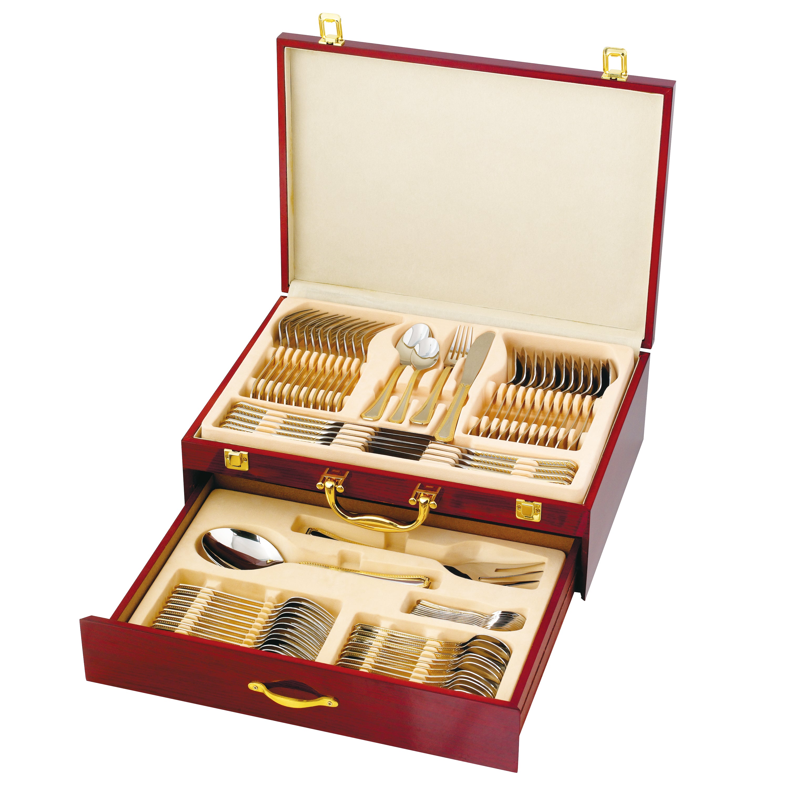 Luxus Besteckset Besteckkasten Holz 75 tlg12 Personen Edelstahl Gold Bicolor Mäander - edel und geschirrspüler geeignet