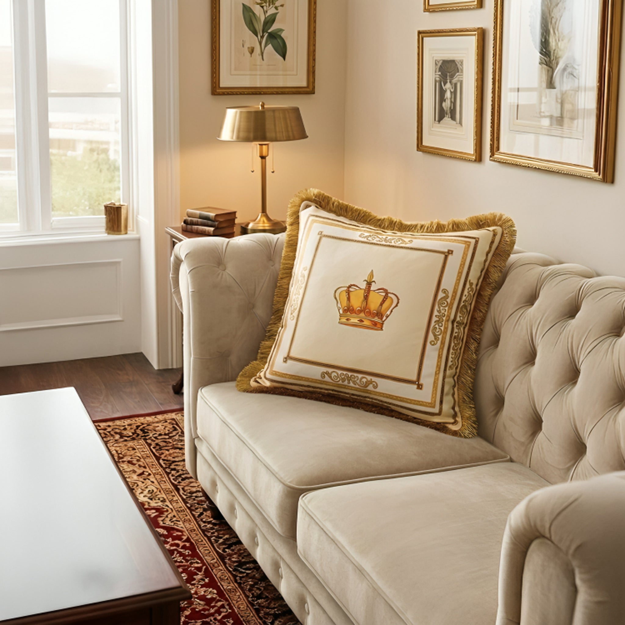 Luxus Samt-Kissen mit Löwen- oder Kronenmotiv – Elegantes Wohnaccessoire in Beige/Weiß (45x45 & 60x60 cm)