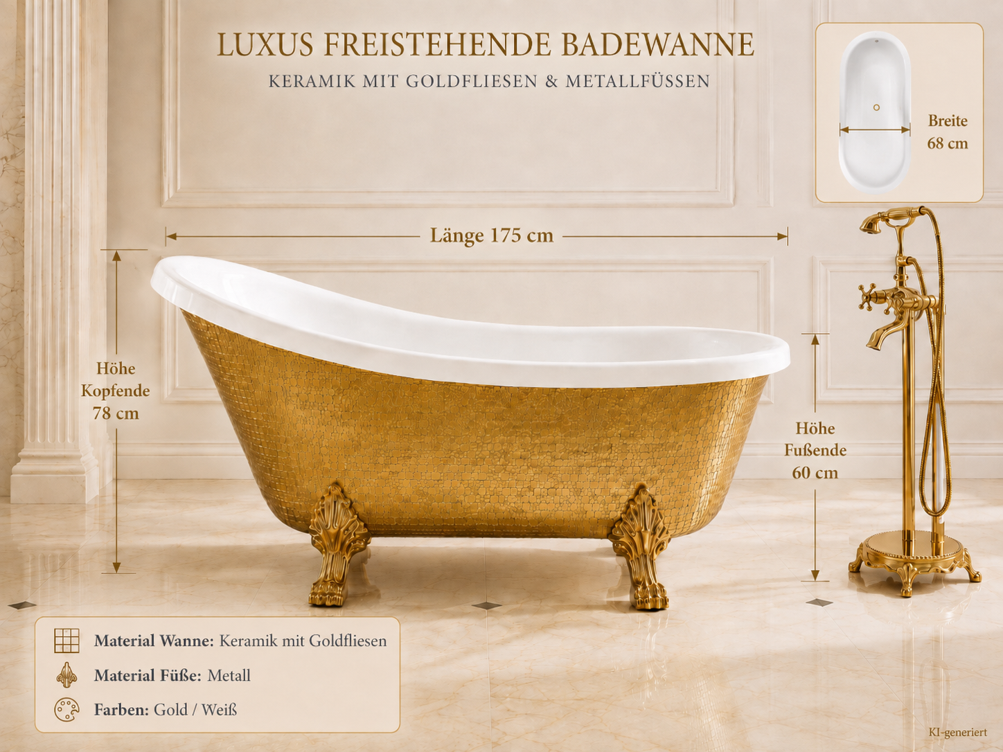 Luxus Badewanne Gold mit Pop-Up Abfluss