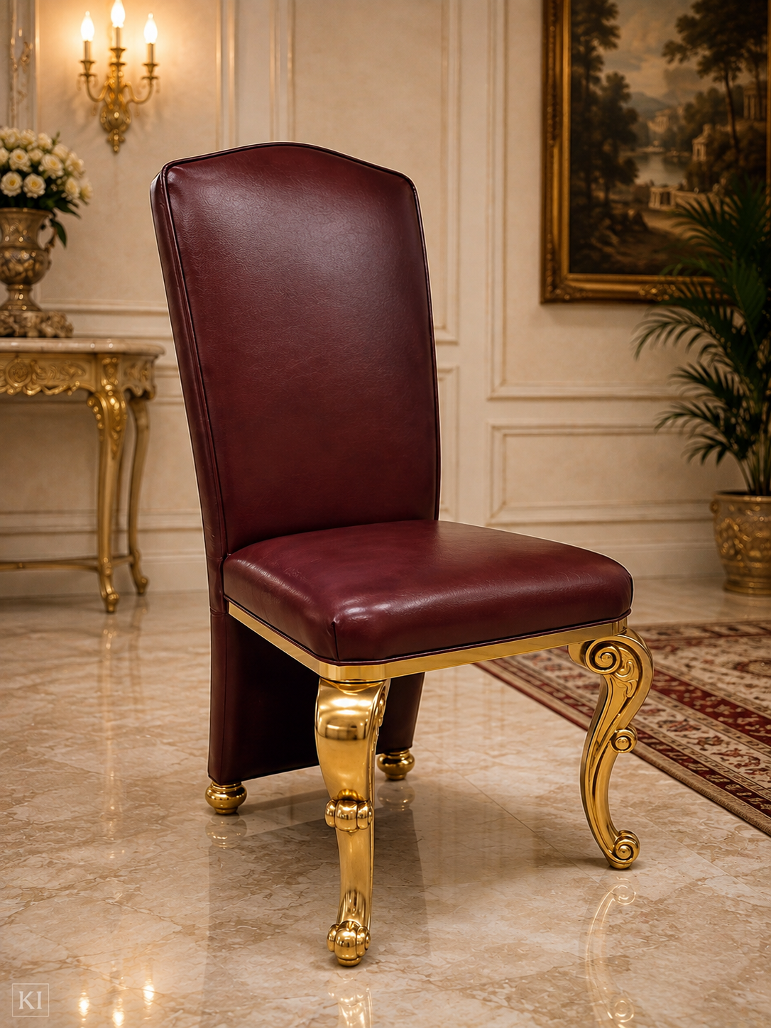 6er-Set eleganter Hochlehner-Stühle in Bordeauxrot und Gold
