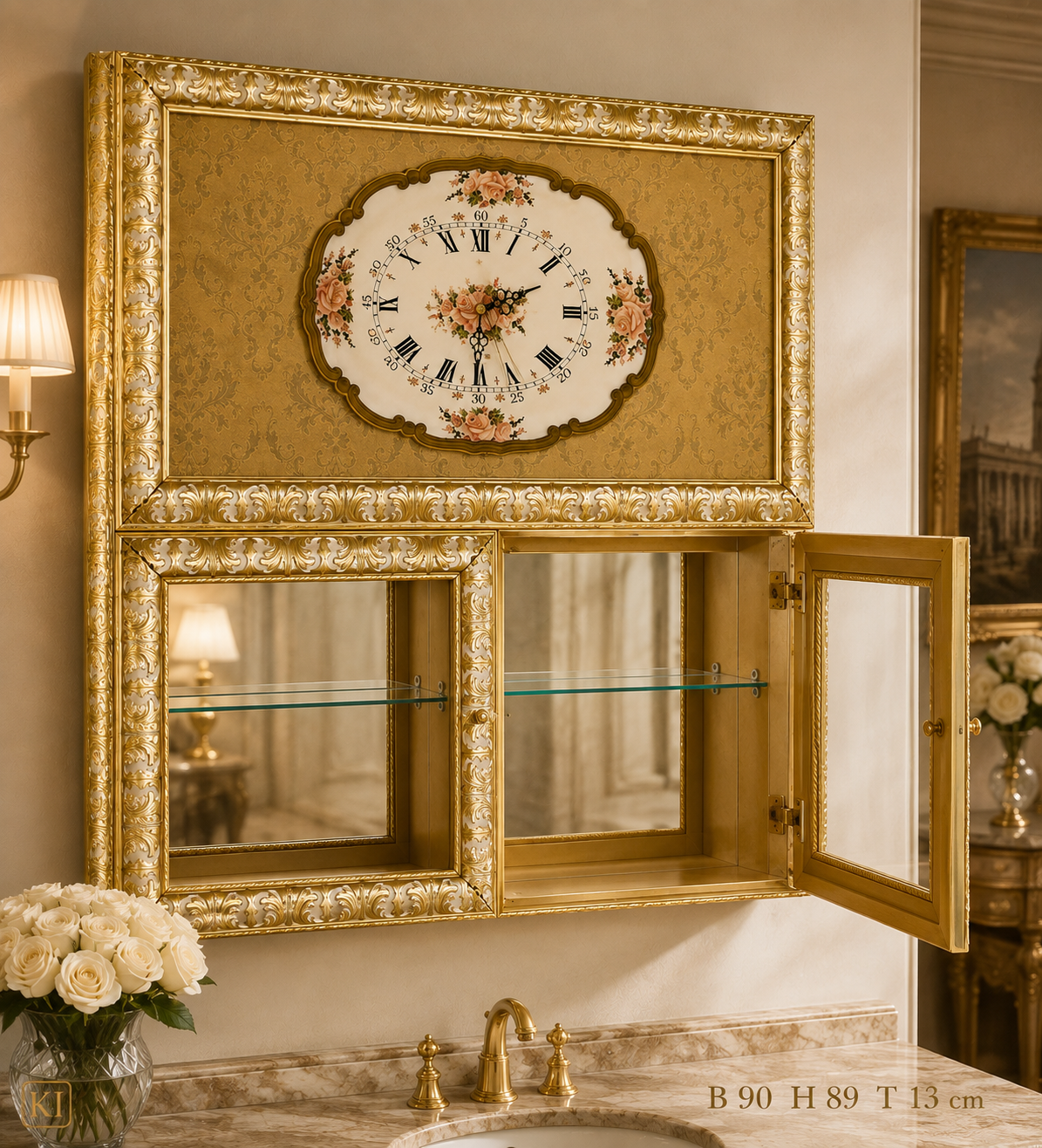 Ornamentale Luxus-Wandvitrine mit integrierter Uhr