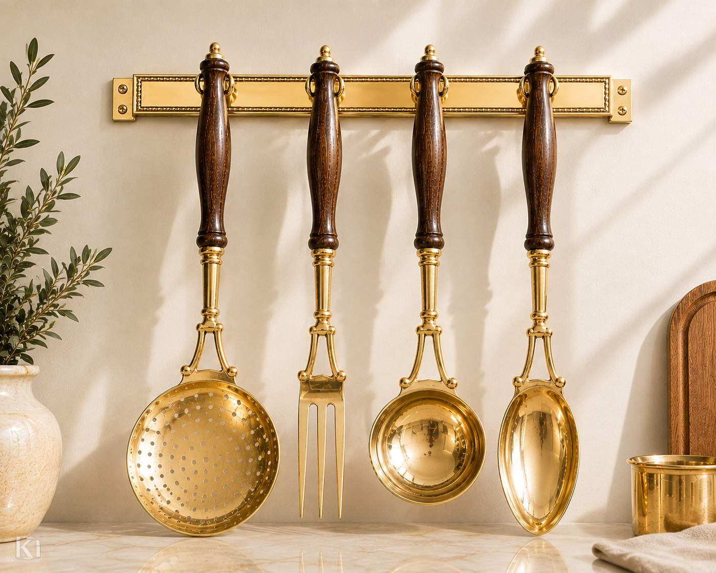 4-teiliges Küchenhelfer-Set aus Messing und Holz mit Wandhalterung