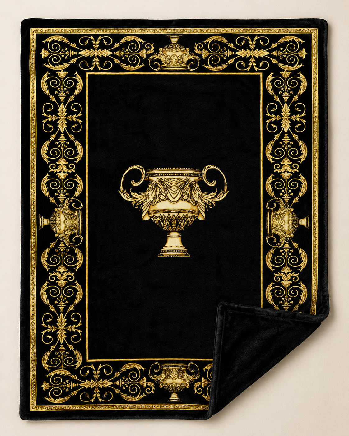 Exklusive Sherpa Decke mit Amphore Motiv in schwarz gold - 150 x 200 - warm & kuschelweich