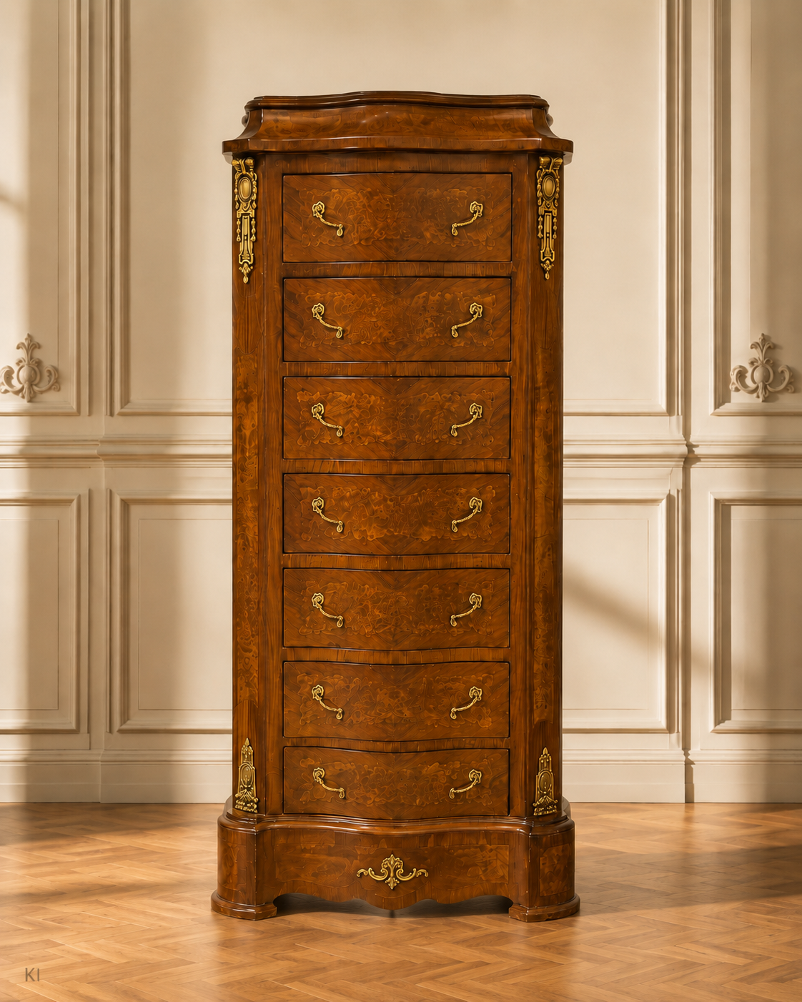 Klassische Hochkommode mit 7 Schubladen und goldfarbenen Beschlägen