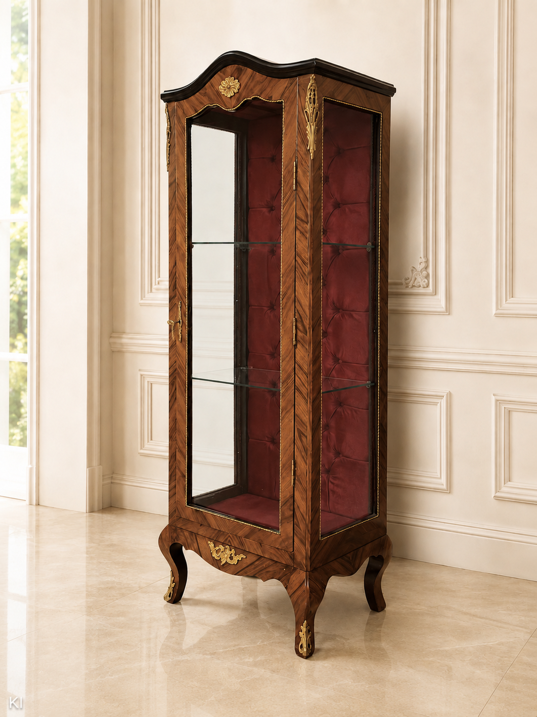 Klassische Luxus-Vitrine mit Glasfront & goldfarbenen Details