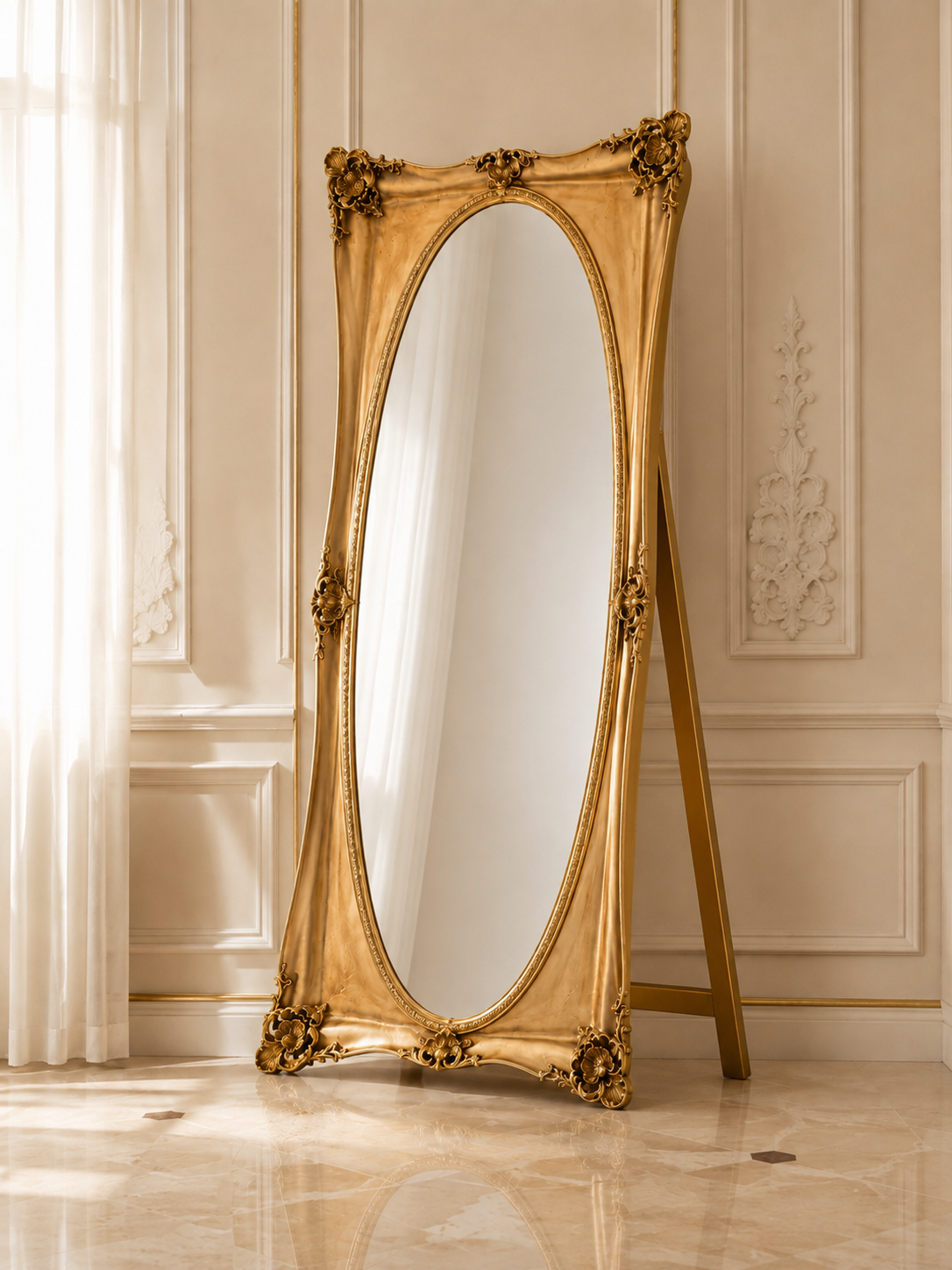Prunkvoller Standspiegel im Barockstil in Antikgold – 90 × 180 cm