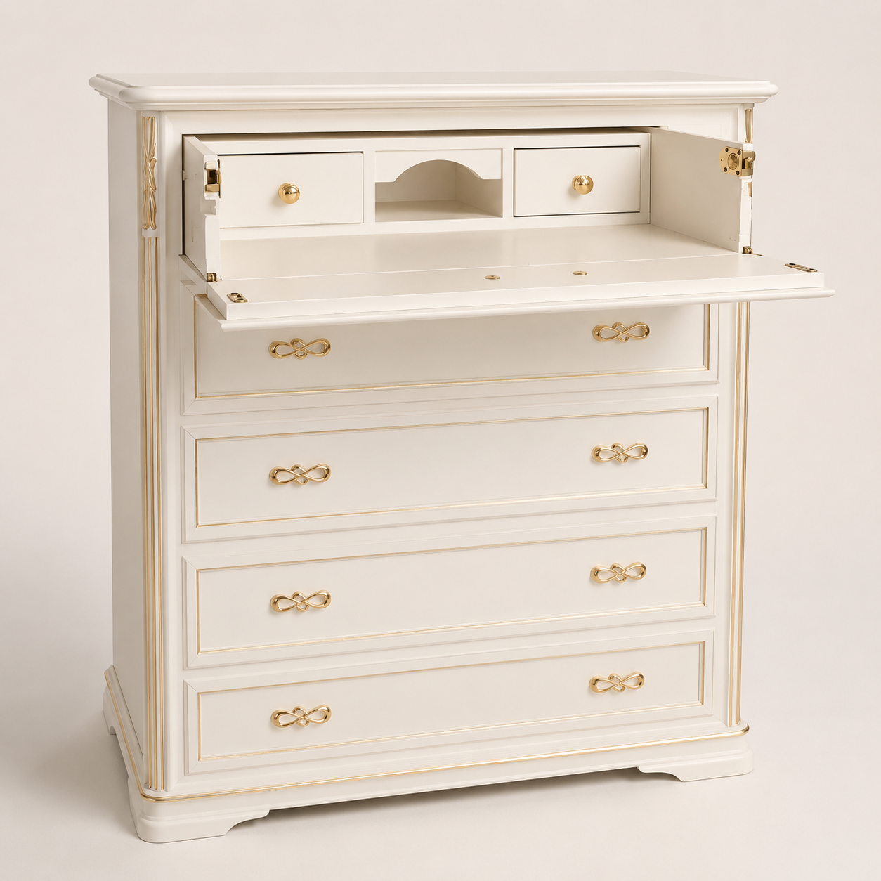 Elegante Sekretärkommode in Weiß-Gold mit Schreibfläche